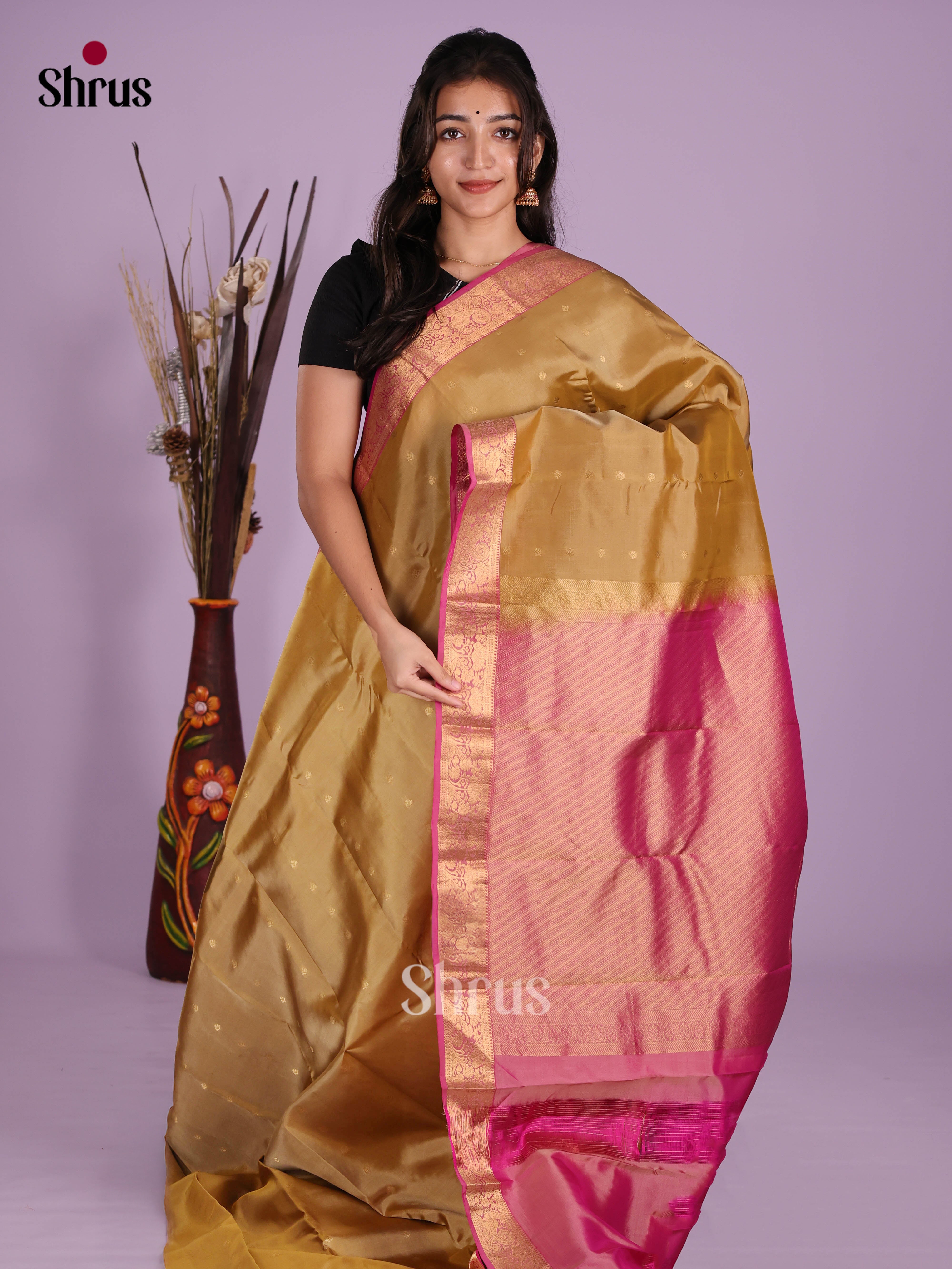 Beige & Pink - Kanchipuram-halfpure Saree