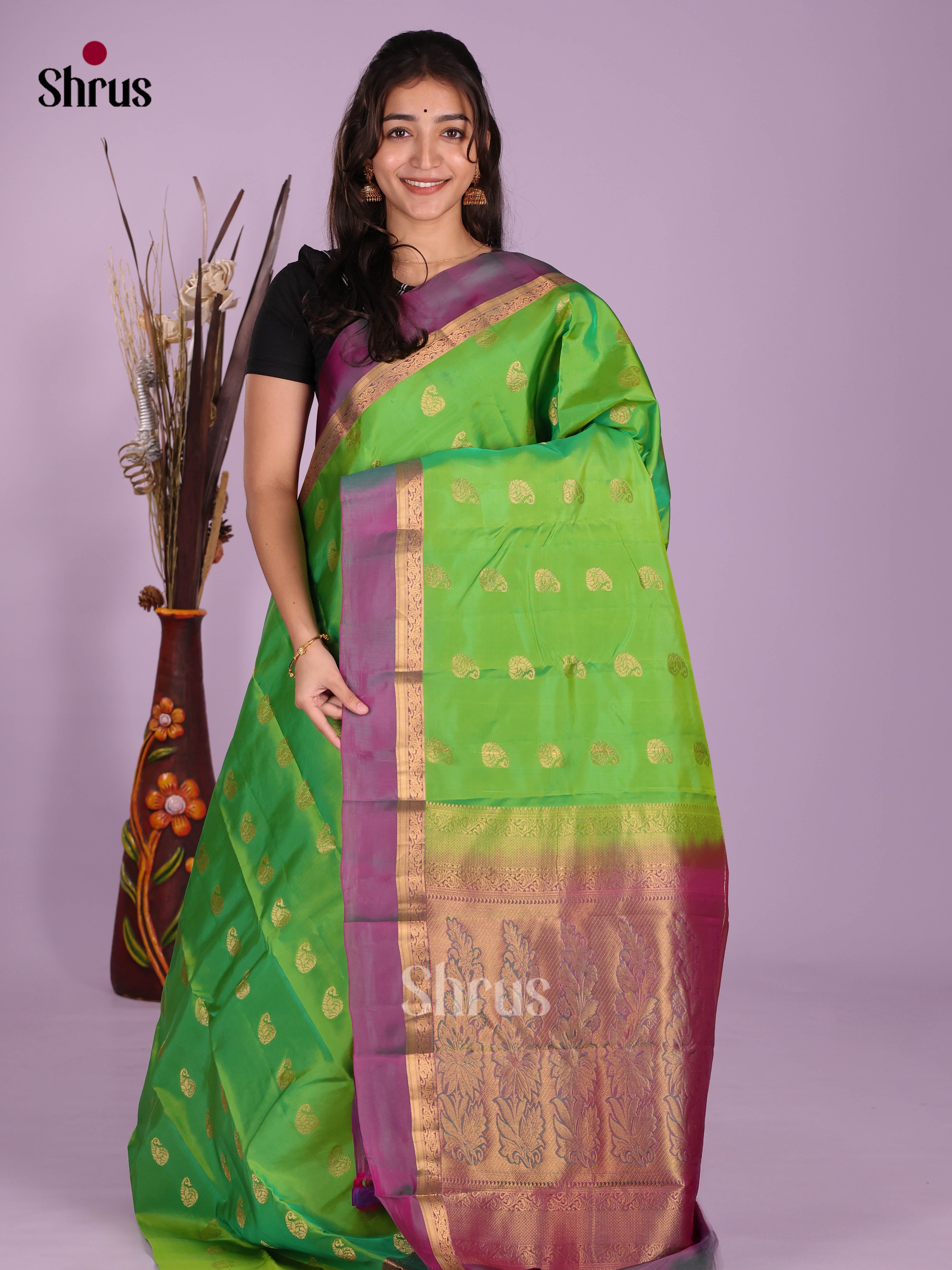 Light Green & Purple - Kanchipuram-halfpure Saree - Shop on Shrus.com