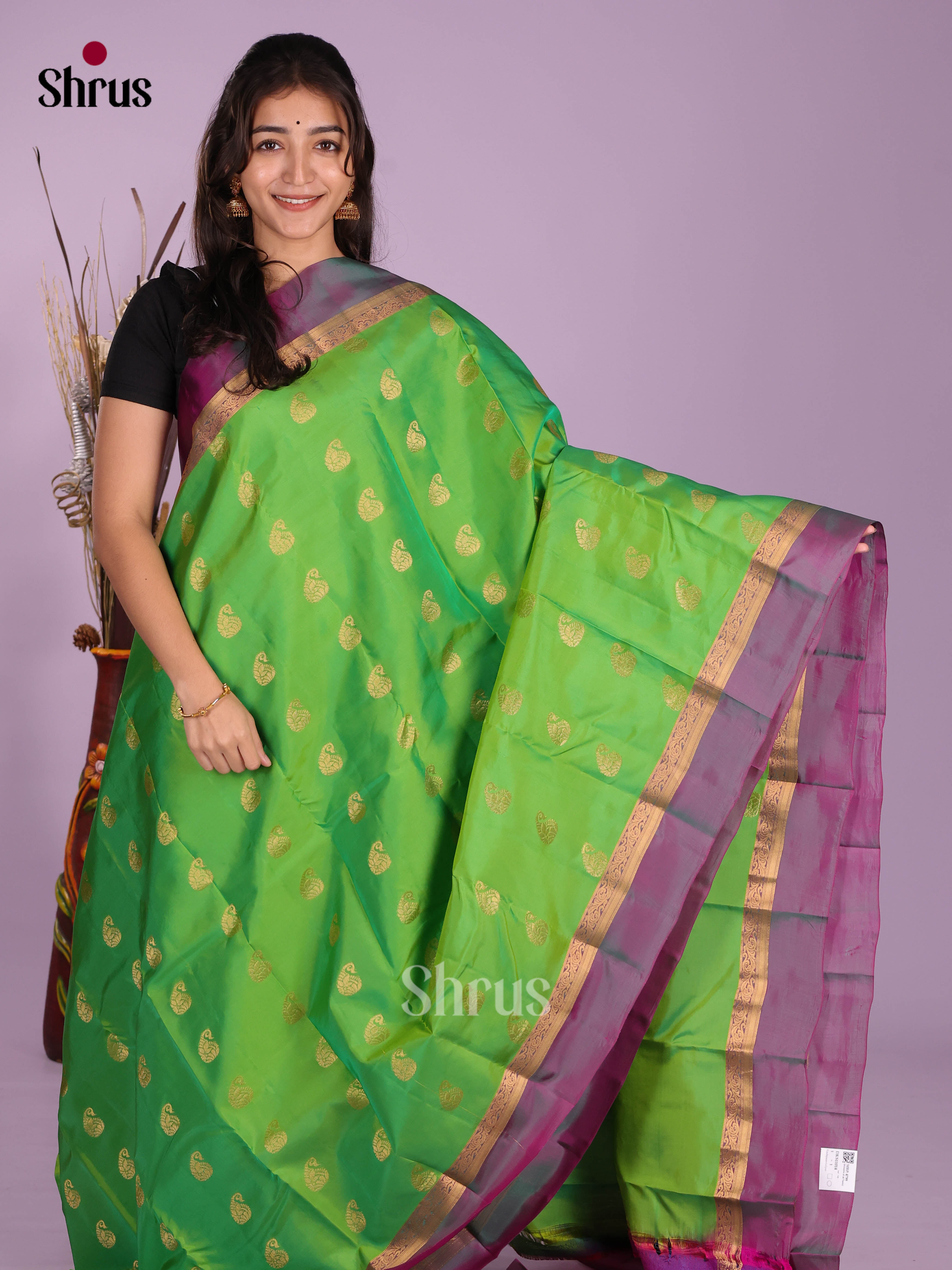 Light Green & Purple - Kanchipuram-halfpure Saree - Shop on Shrus.com