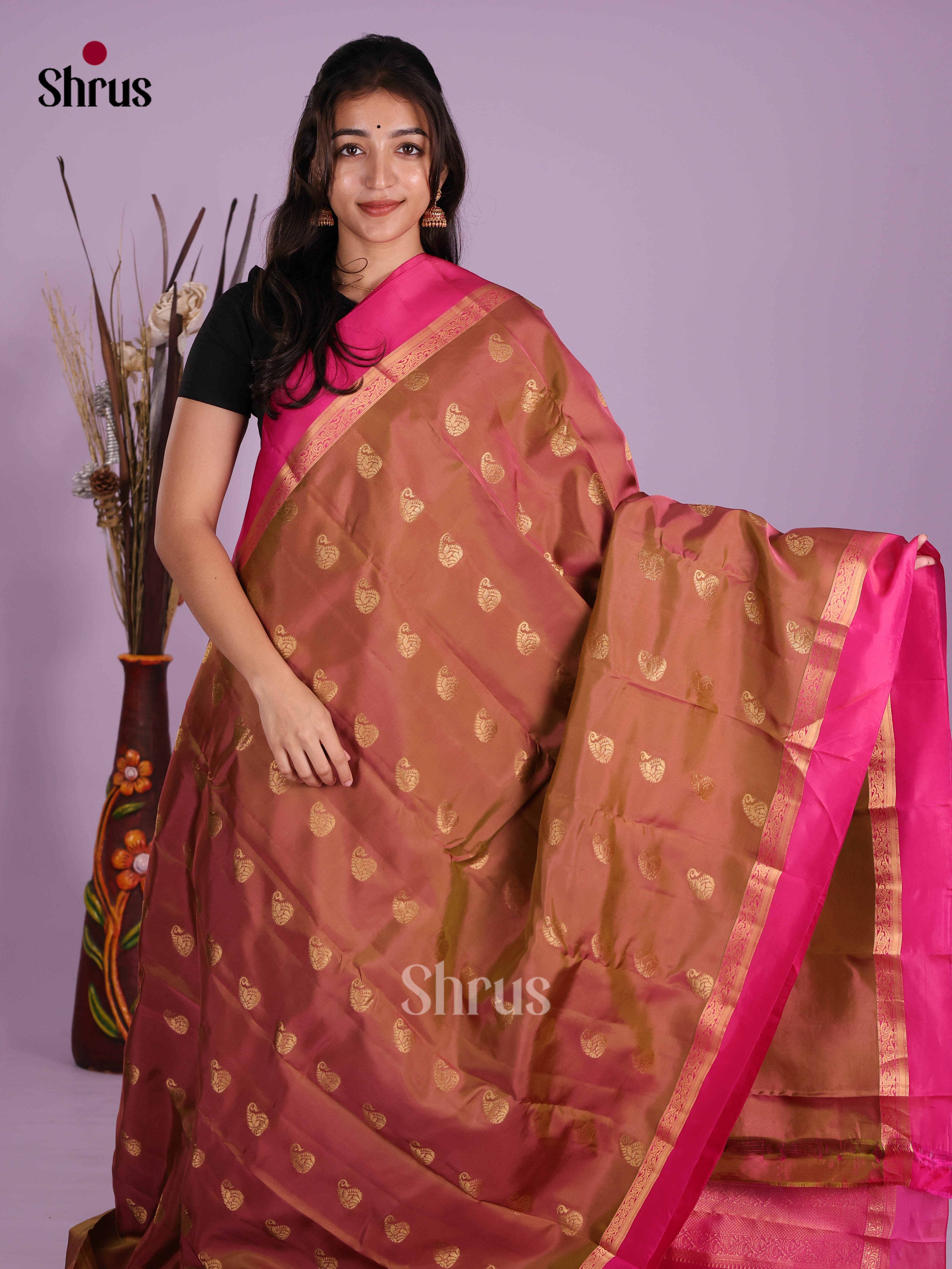 Brown & Pink - Kanchipuram-halfpure Saree