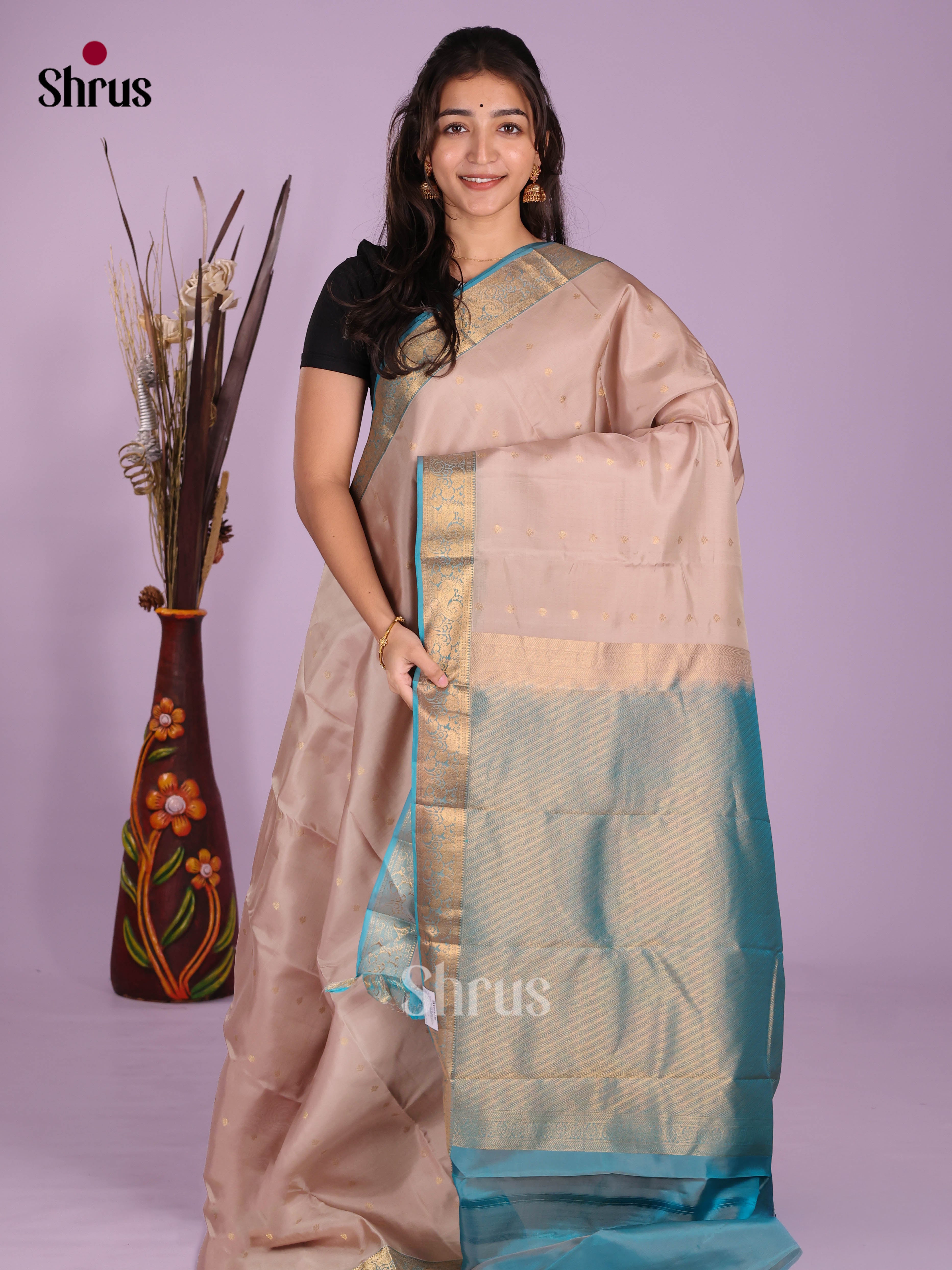 Grey & Blue- Kanchipuram-halfpure Saree - Shop on Shrus.com