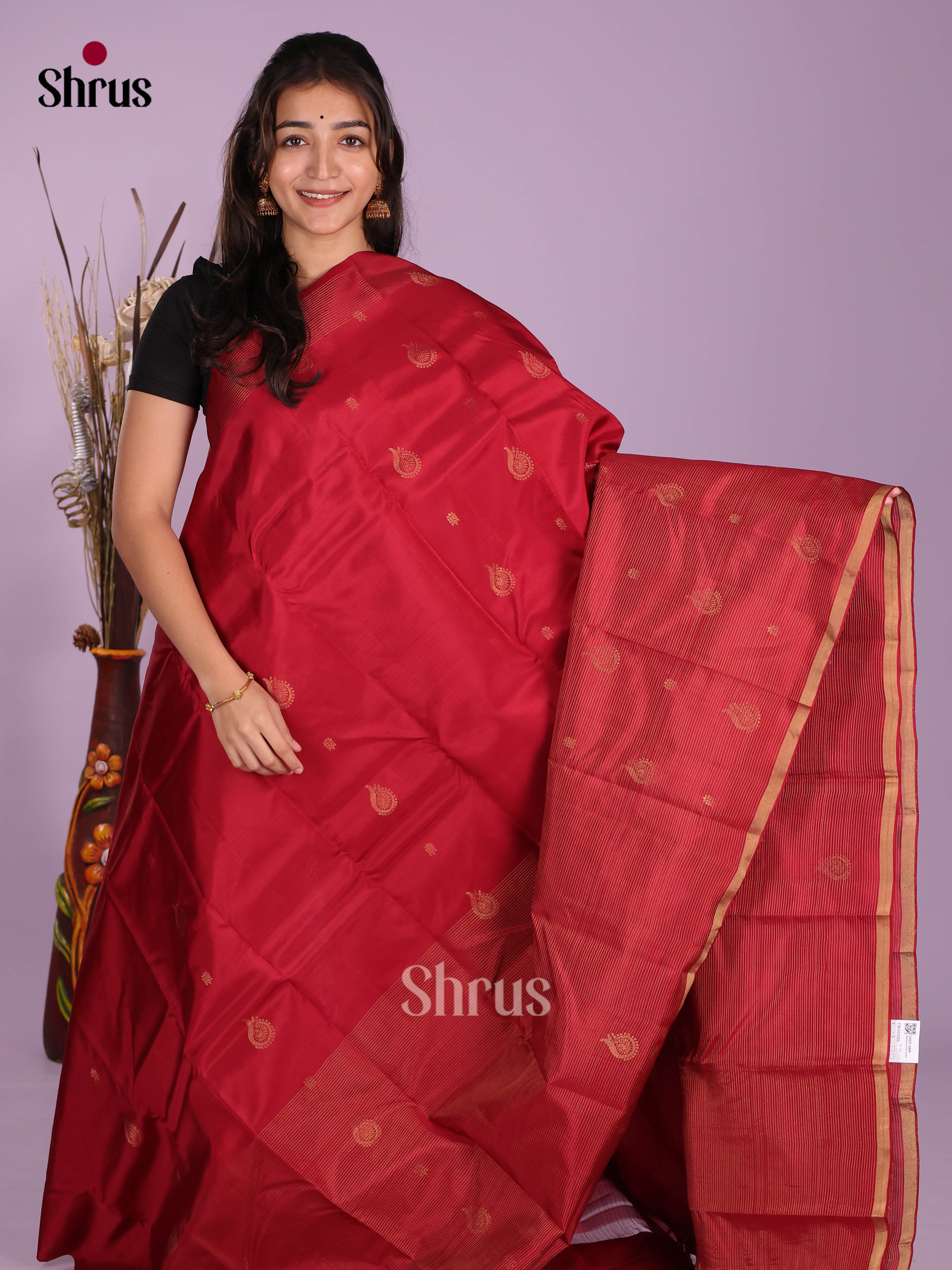 Red(Single Tone)- Kanchipuram-halfpure Saree - Shop on Shrus.com