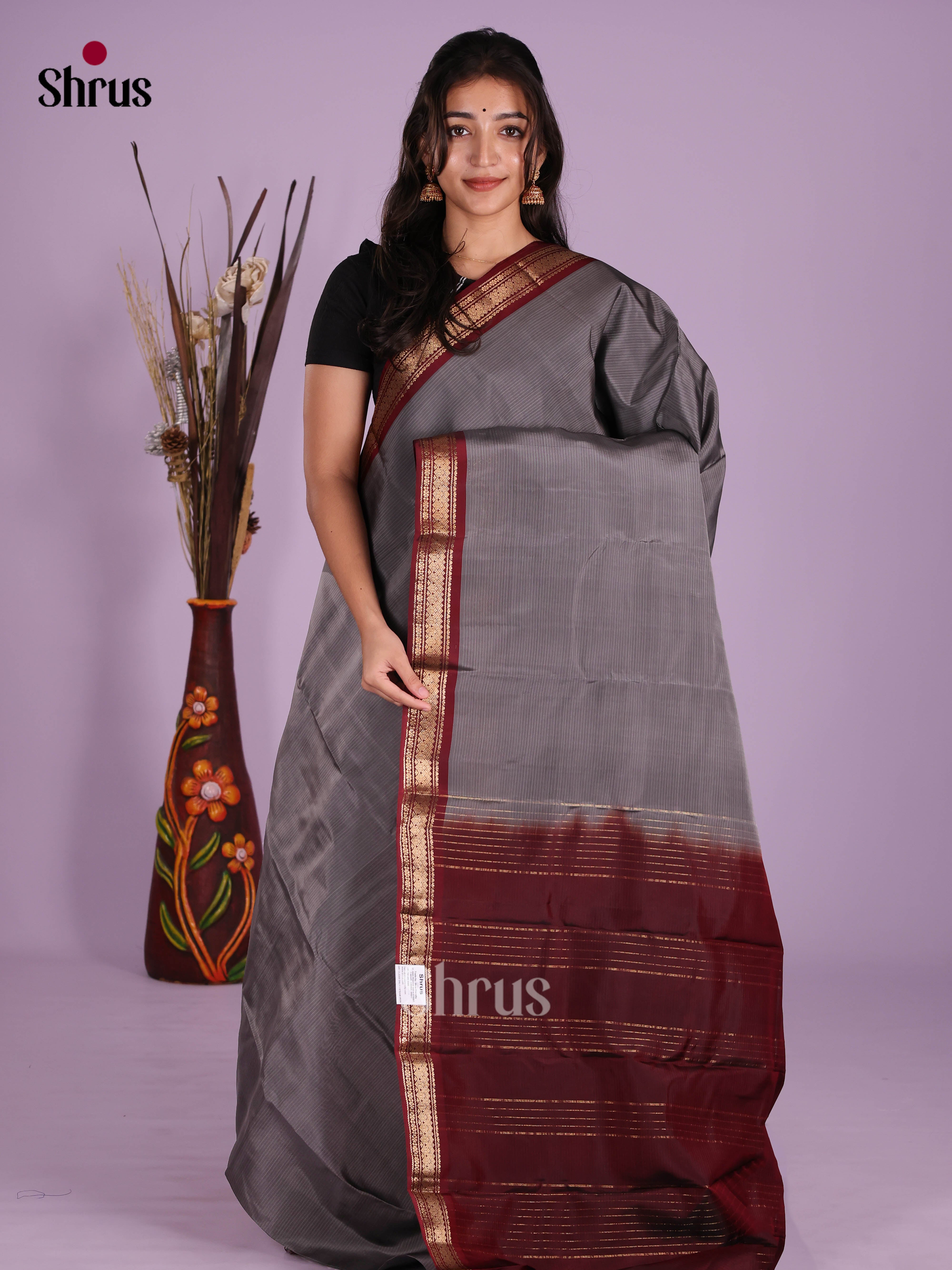 Grey & Maroon - Kanchipuram-halfpure Saree - Shop on Shrus.com