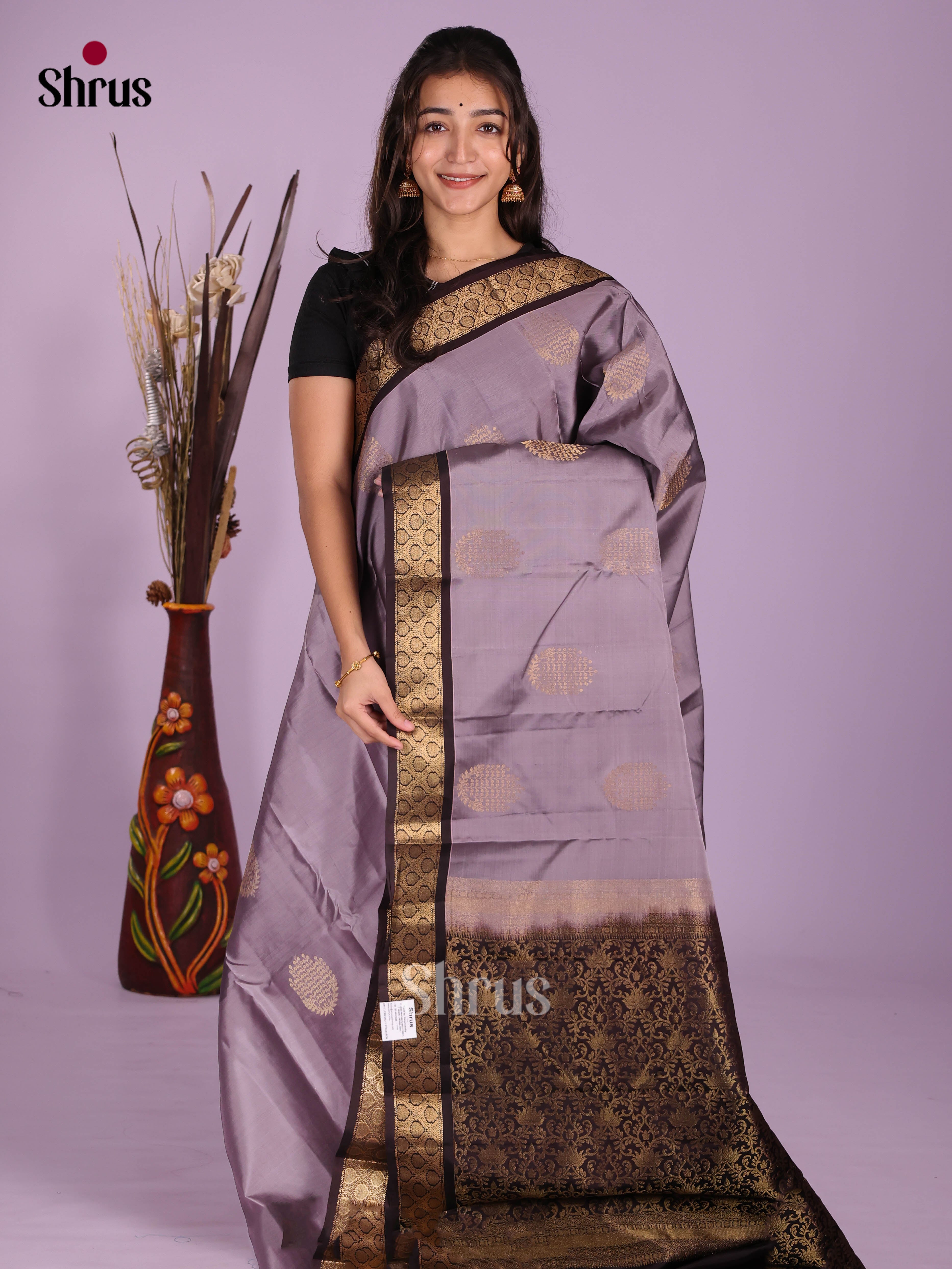 Lavender & Brown- Kanchipuram-halfpure Saree