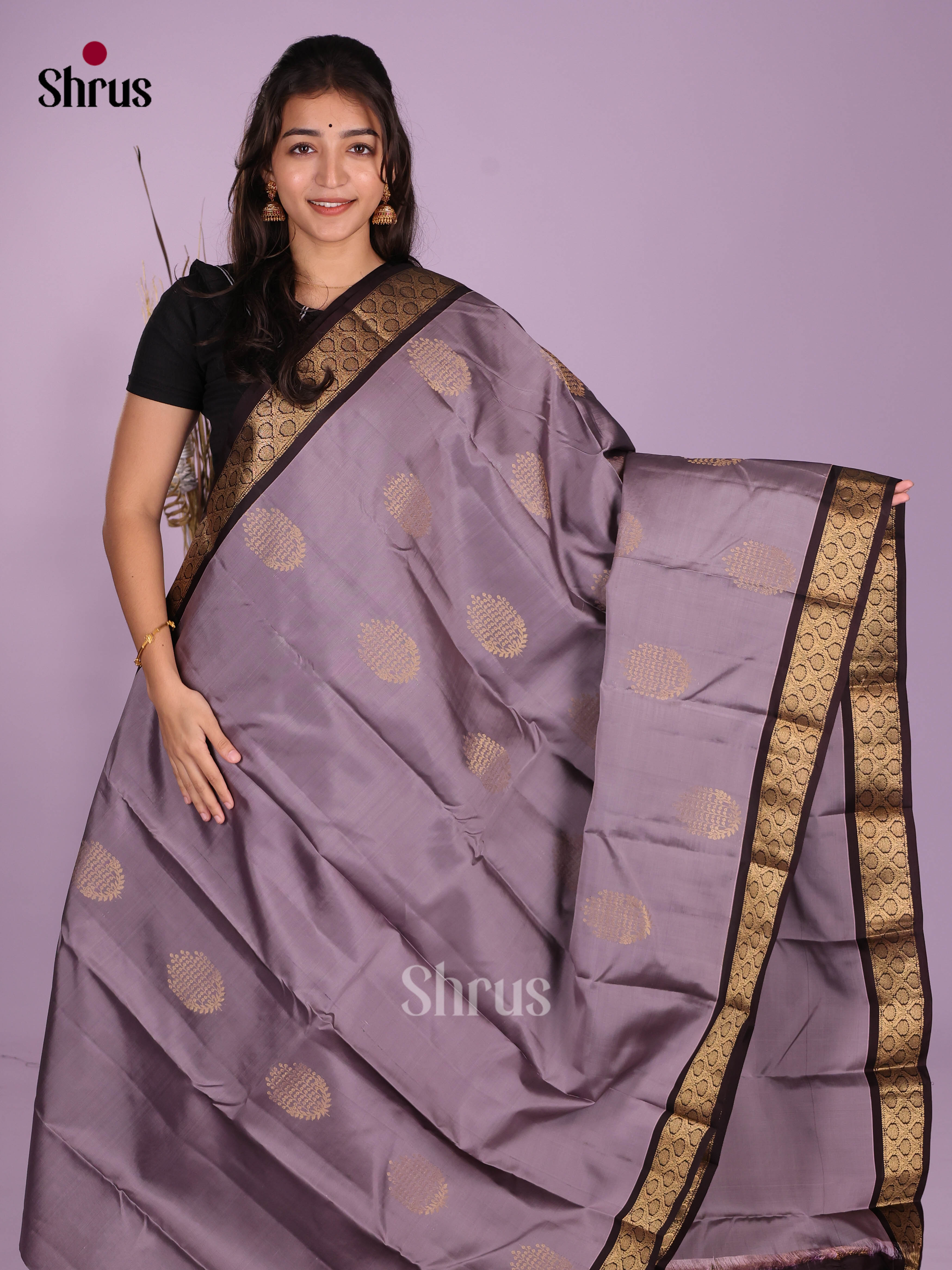 Lavender & Brown- Kanchipuram-halfpure Saree