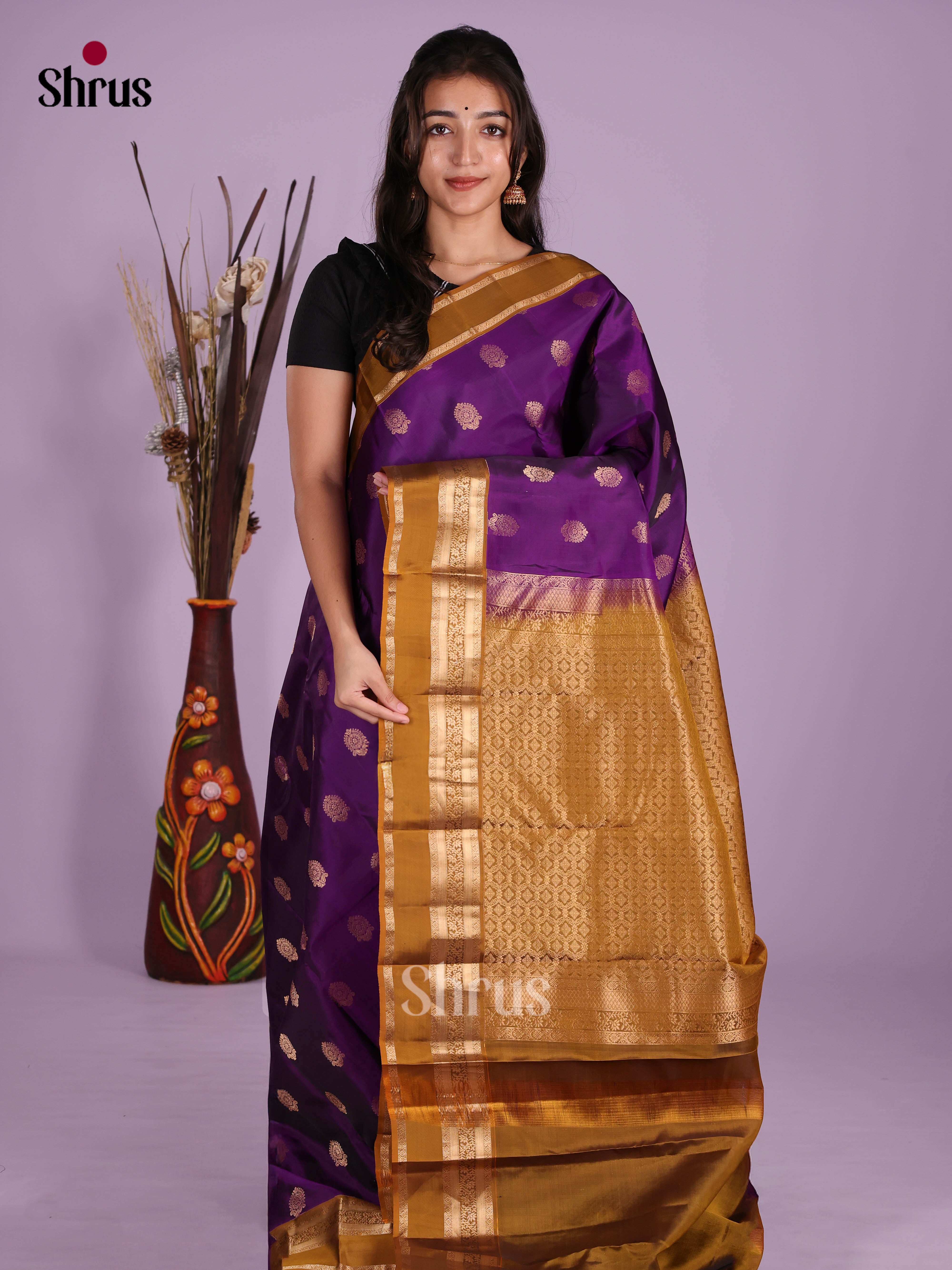 Violet & Mustard- Kanchipuram-halfpure Saree