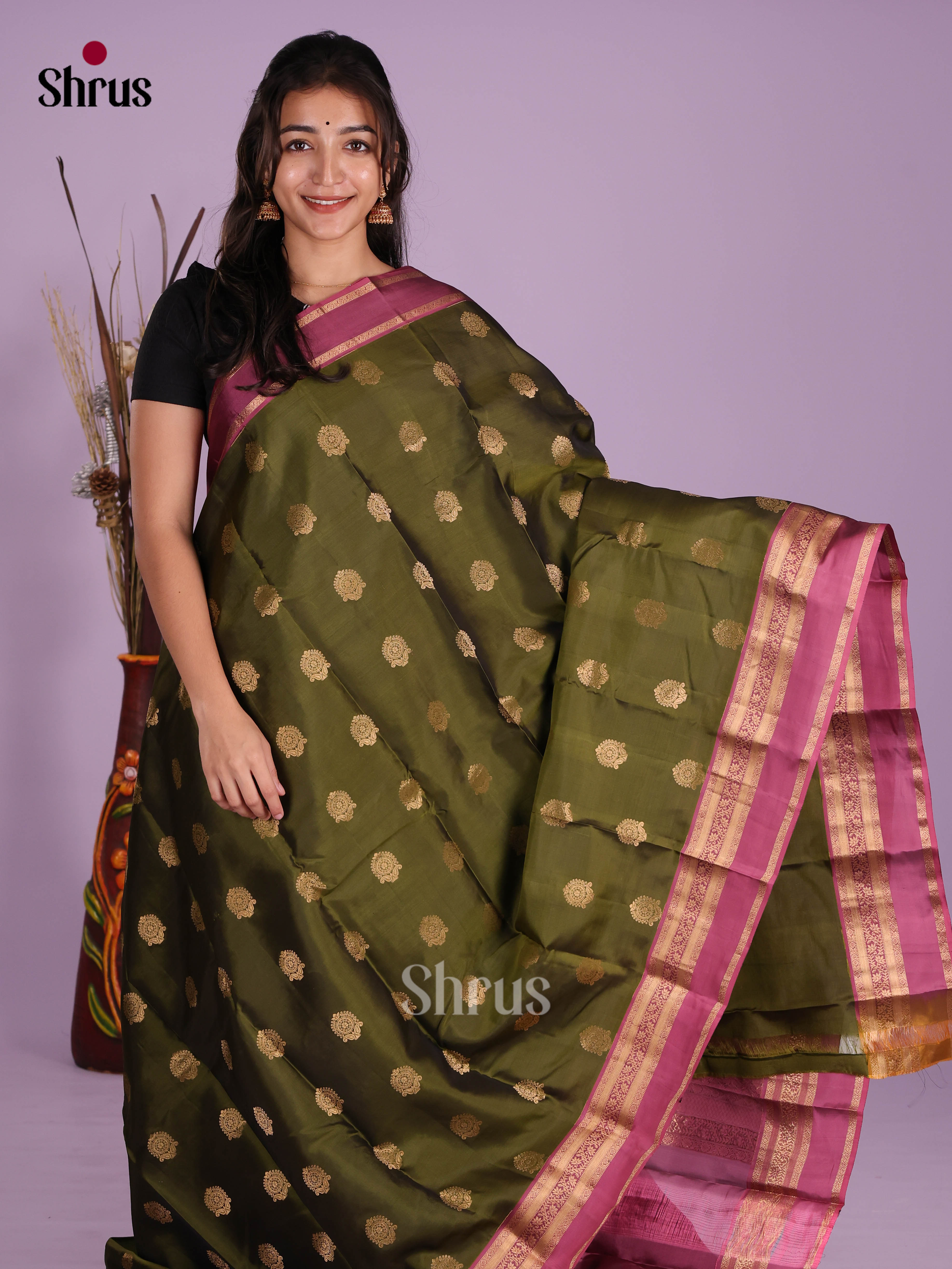Green & Purple- Kanchipuram-halfpure Saree - Shop on Shrus.com