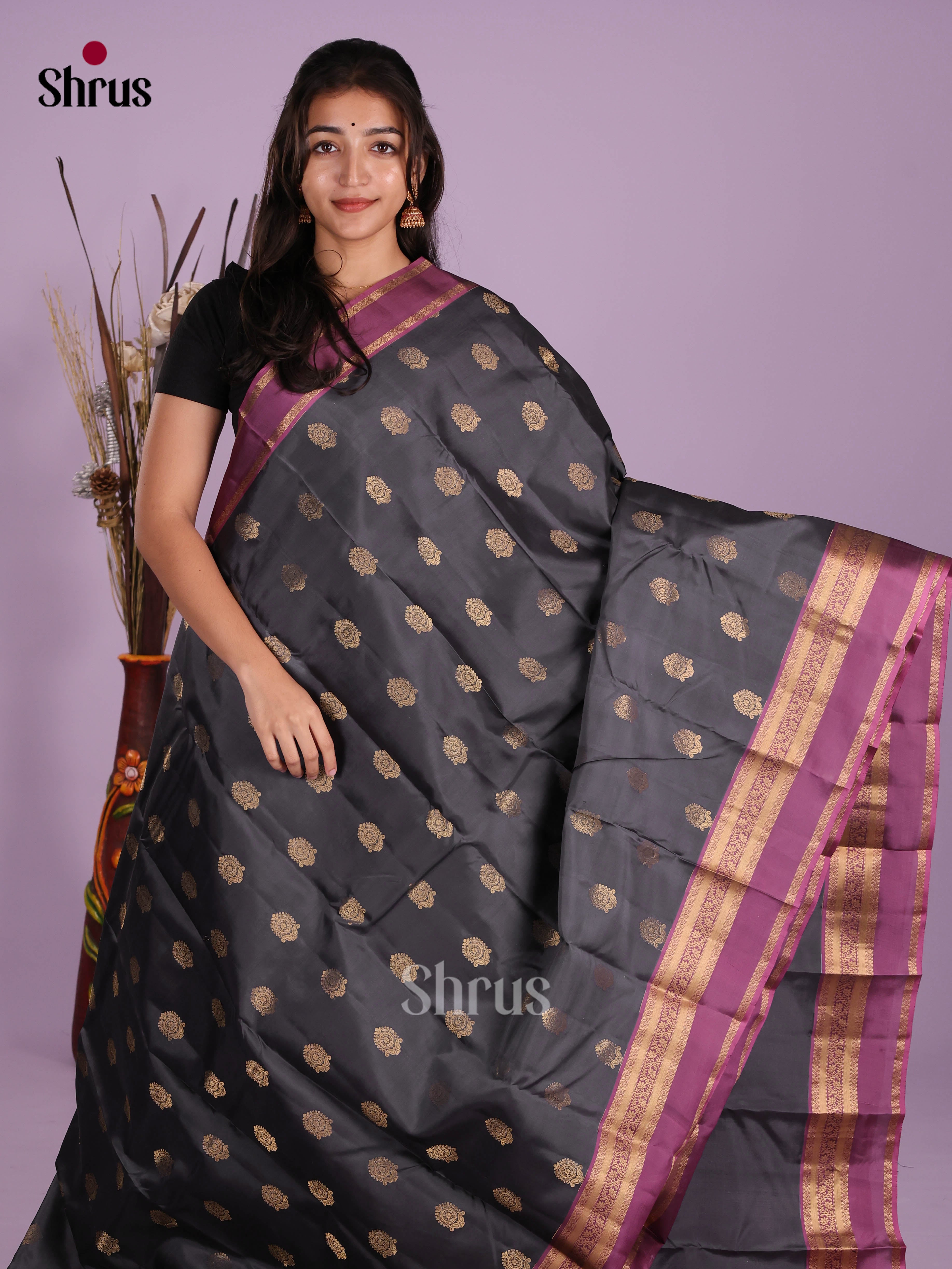 Elephant Grey & Purple - Kanchipuram-halfpure Saree - Shop on Shrus.com
