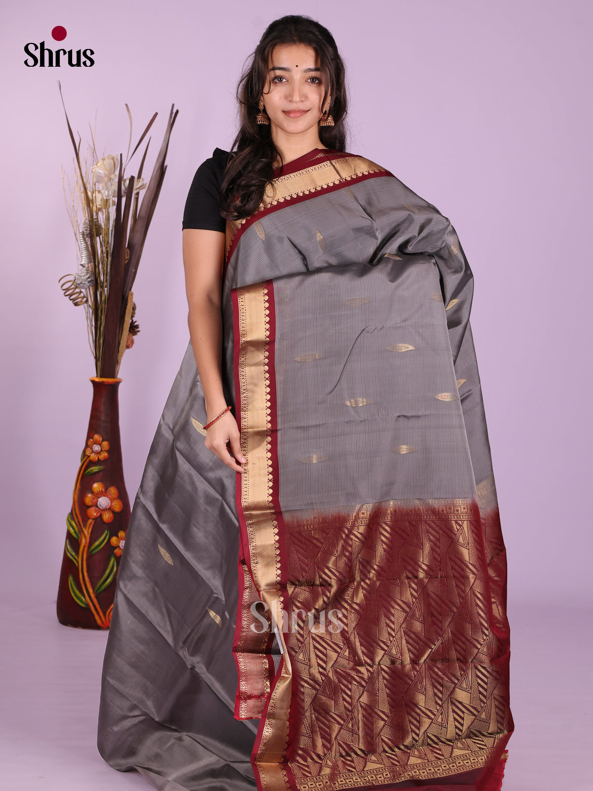 Grey & Maroon - Kanchipuram-halfpure Saree - Shop on Shrus.com
