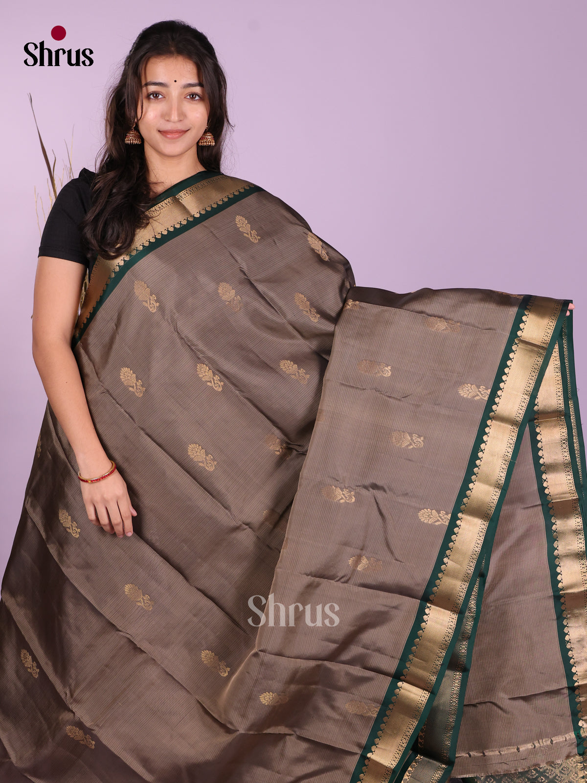 Grey & Green - Kanchipuram-halfpure Saree - Shop on Shrus.com