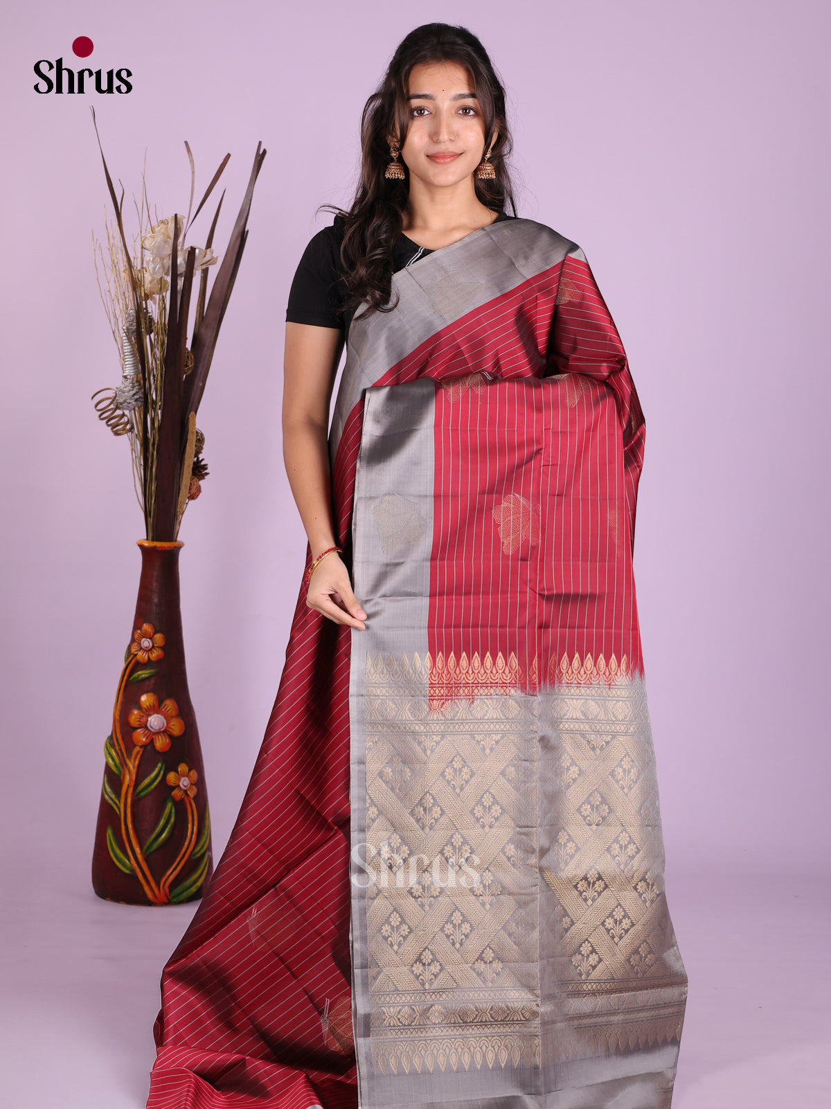 Maroon & Grey - Softsilk-halfpure Saree - Shop on Shrus.com