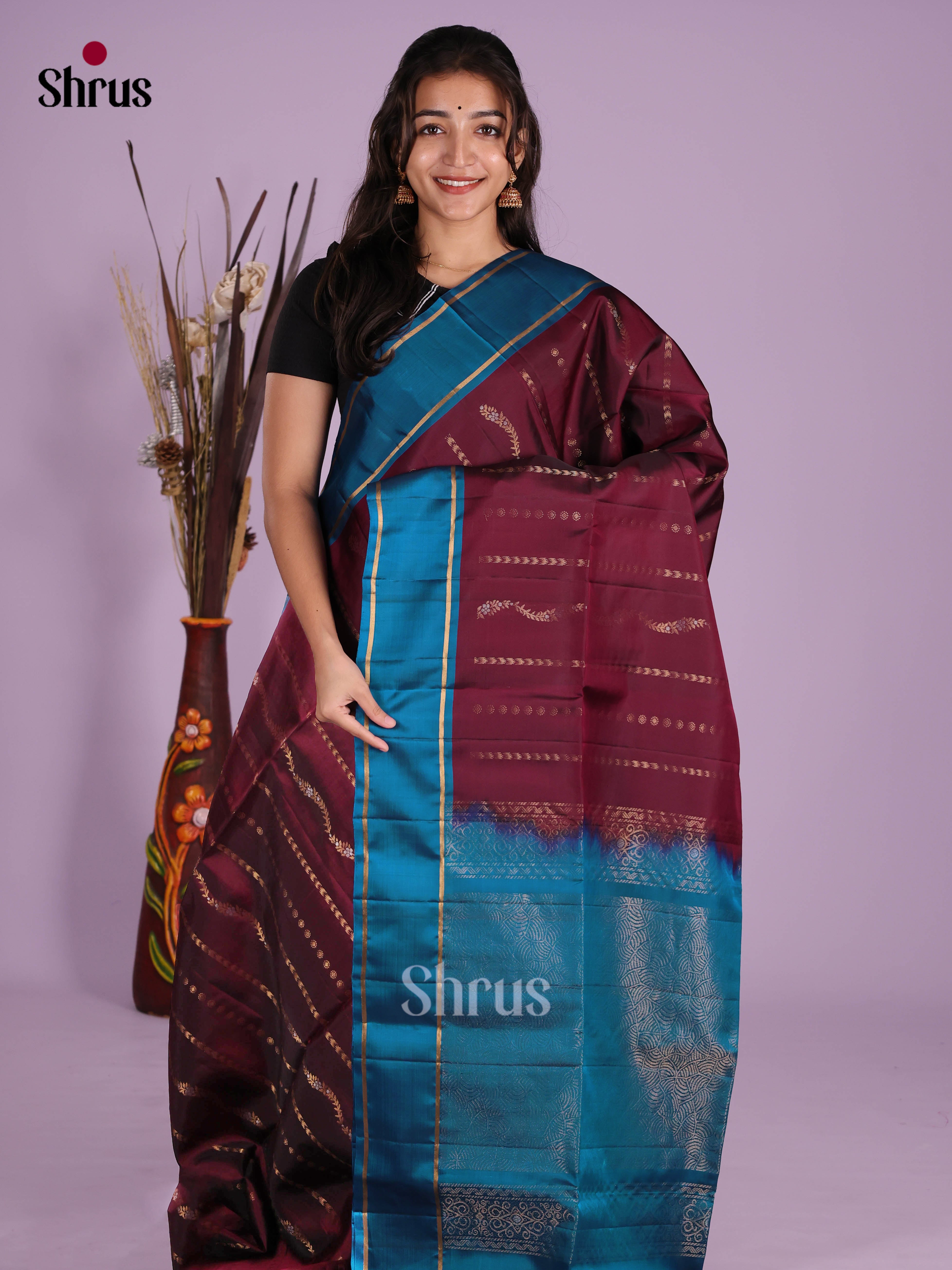 Maroon & Blue - Softsilk-halfpure Saree