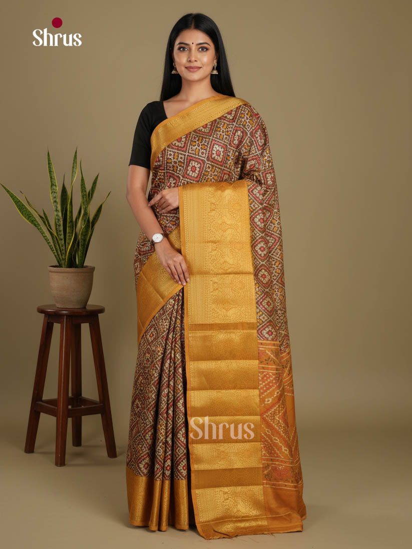 Brown & Mustard- Semi Patola Saree