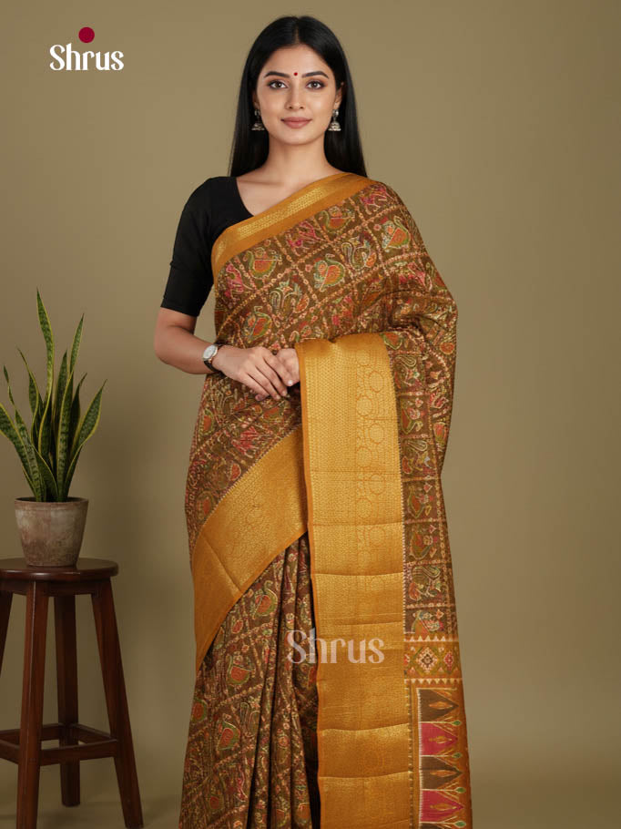 Brown & Mustard- Semi Patola Saree