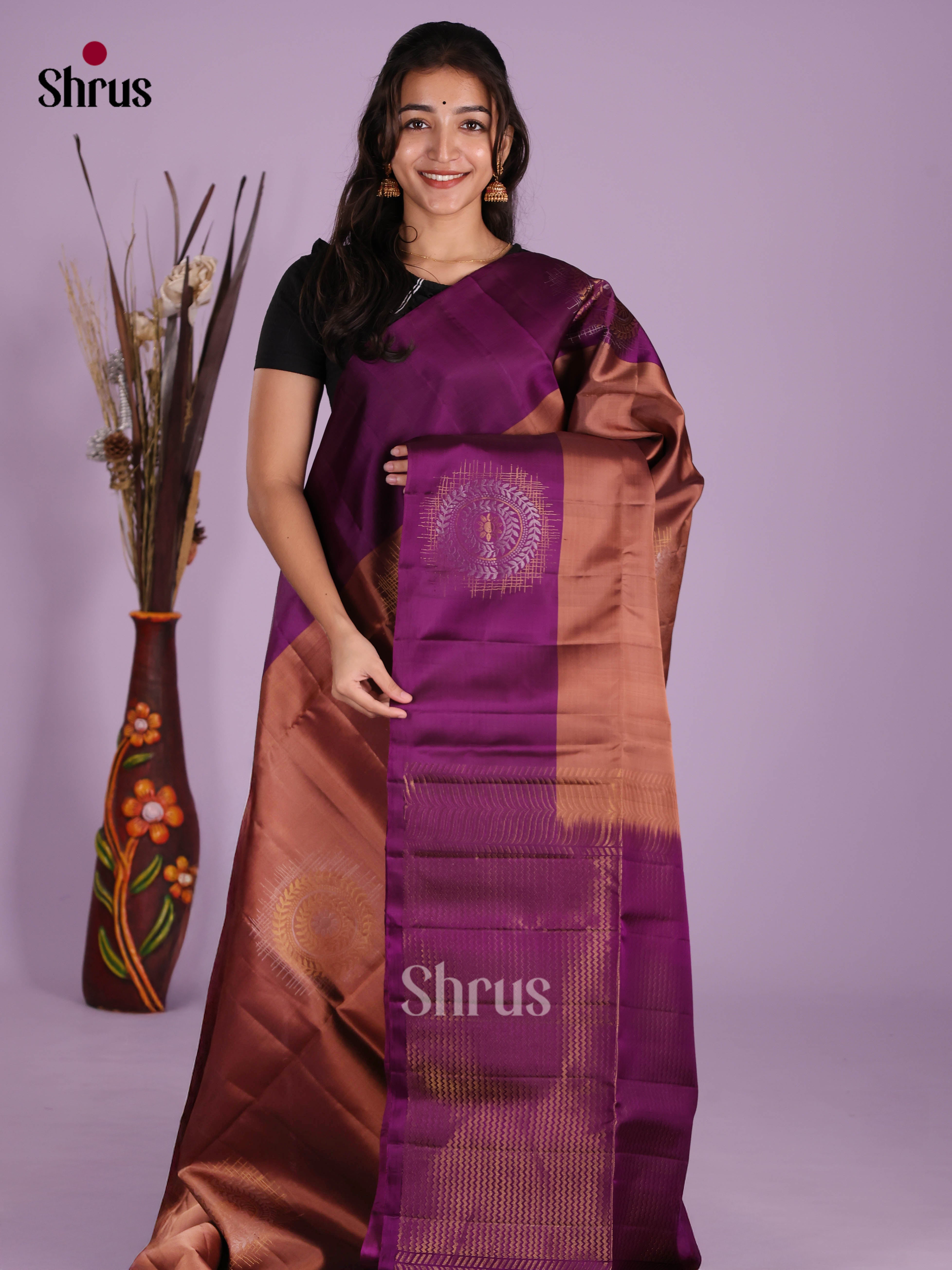 Vivacious Brown & Purple Soft Silk Saree with gold, silver zari floral motifs