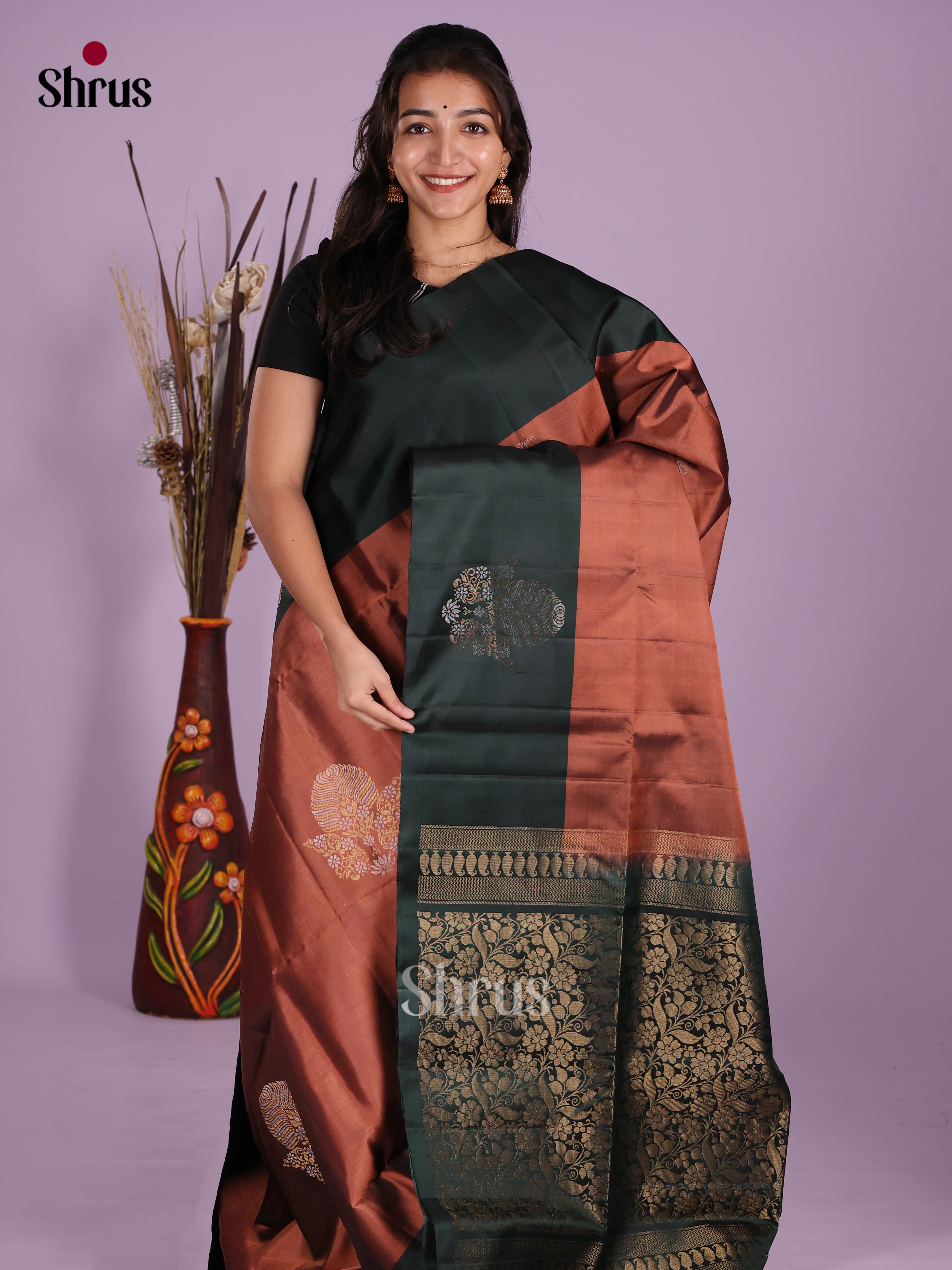 Earthy Brown & Green Soft Silk Saree with gold , silver zari floral motifs