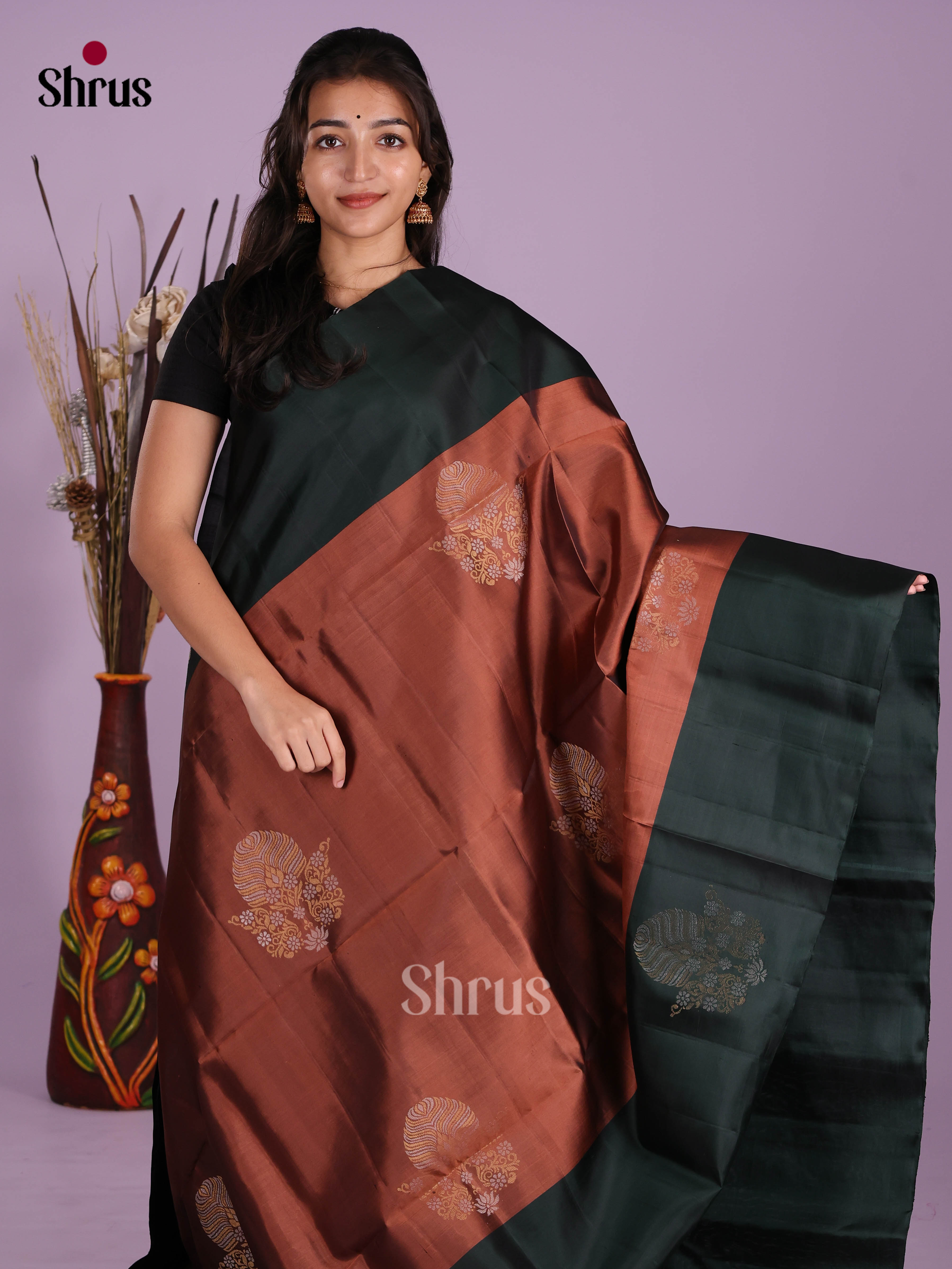 Earthy Brown & Green Soft Silk Saree with gold , silver zari floral motifs