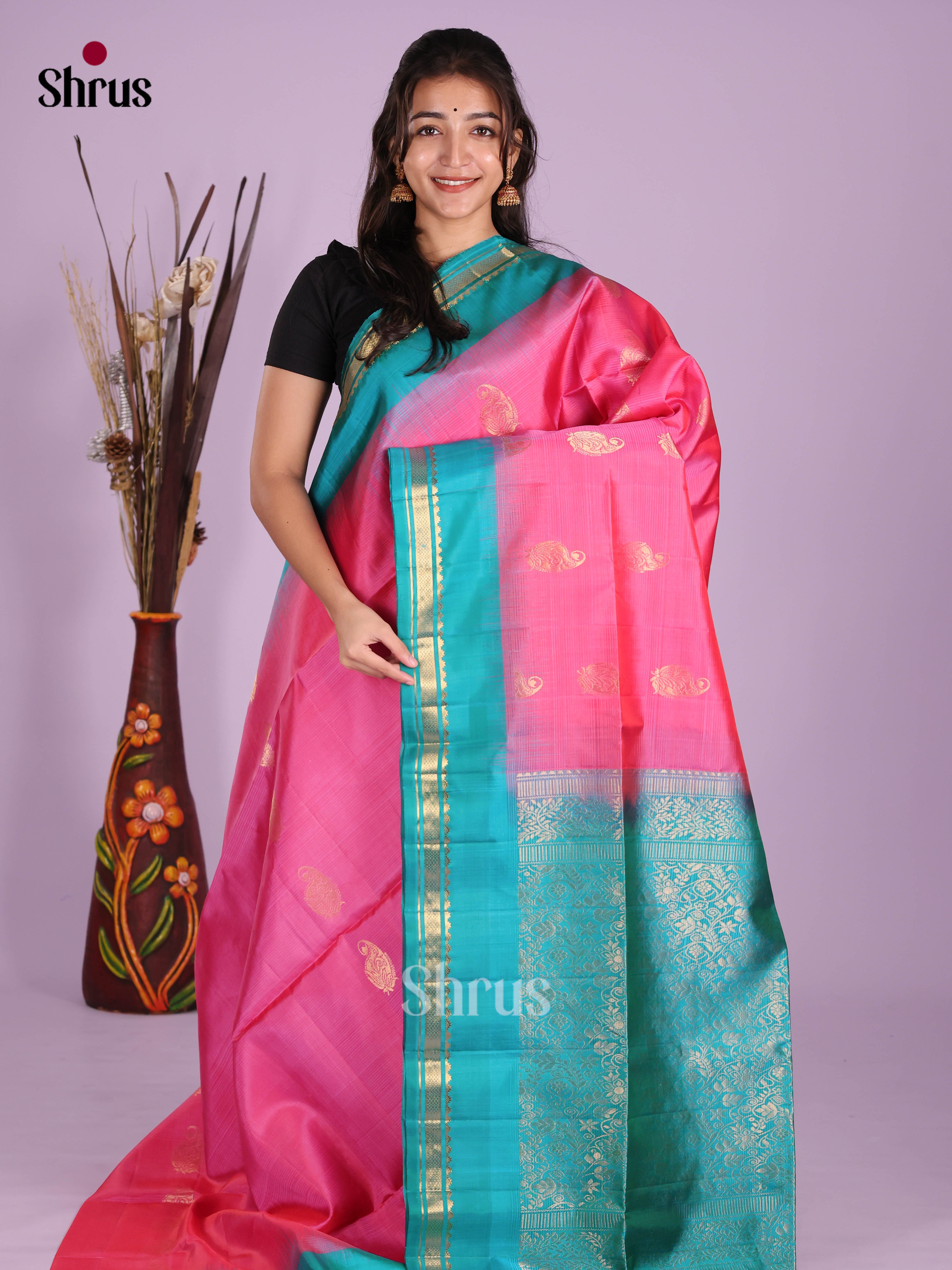 Charming Pink & Teal Soft Silk Saree gleams zari buttas & Brocade pallu