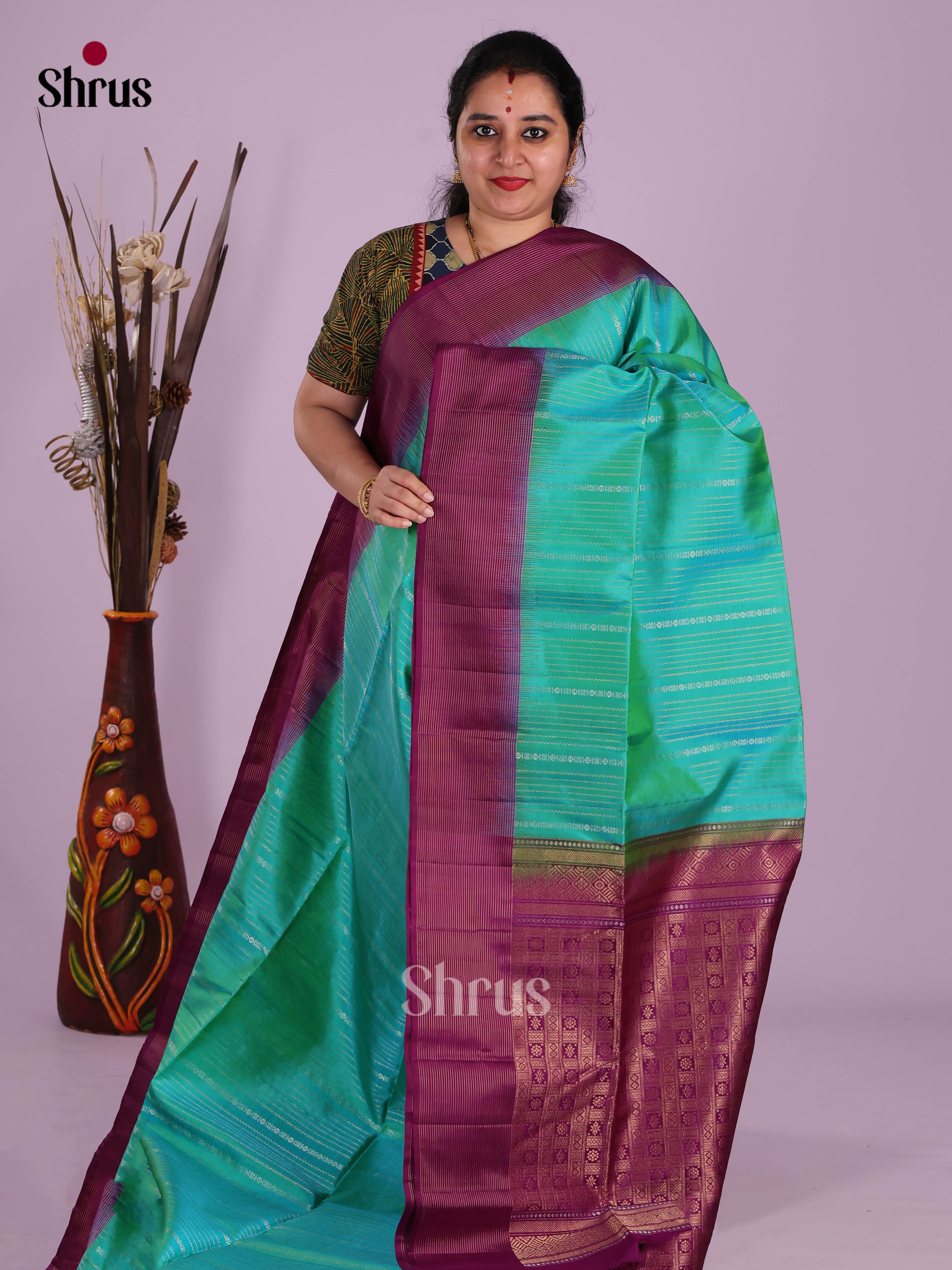 Serene Green & Purple Soft Silk Saree with zari stripes & brocade pallu