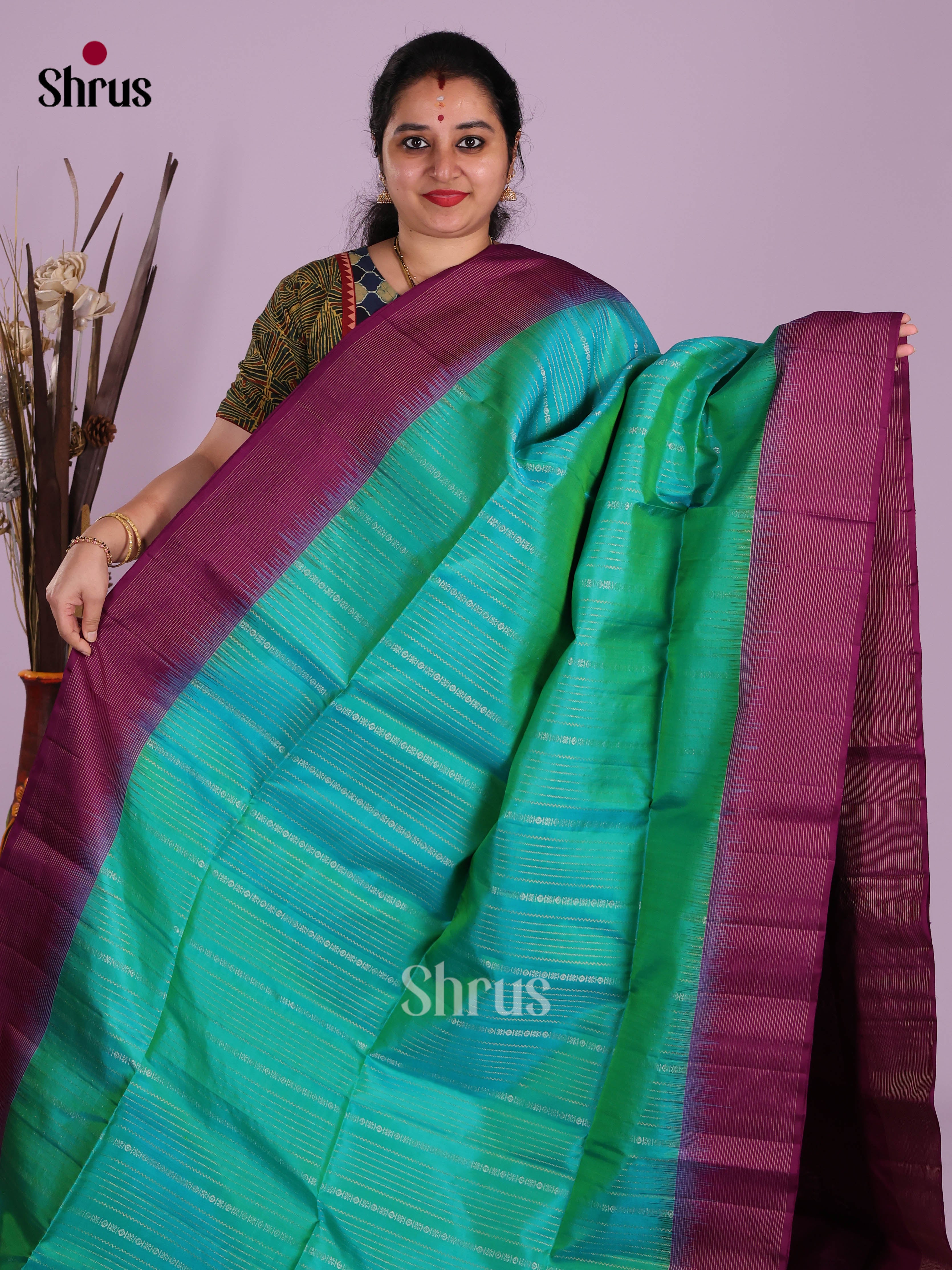 Serene Green & Purple Soft Silk Saree with zari stripes & brocade pallu