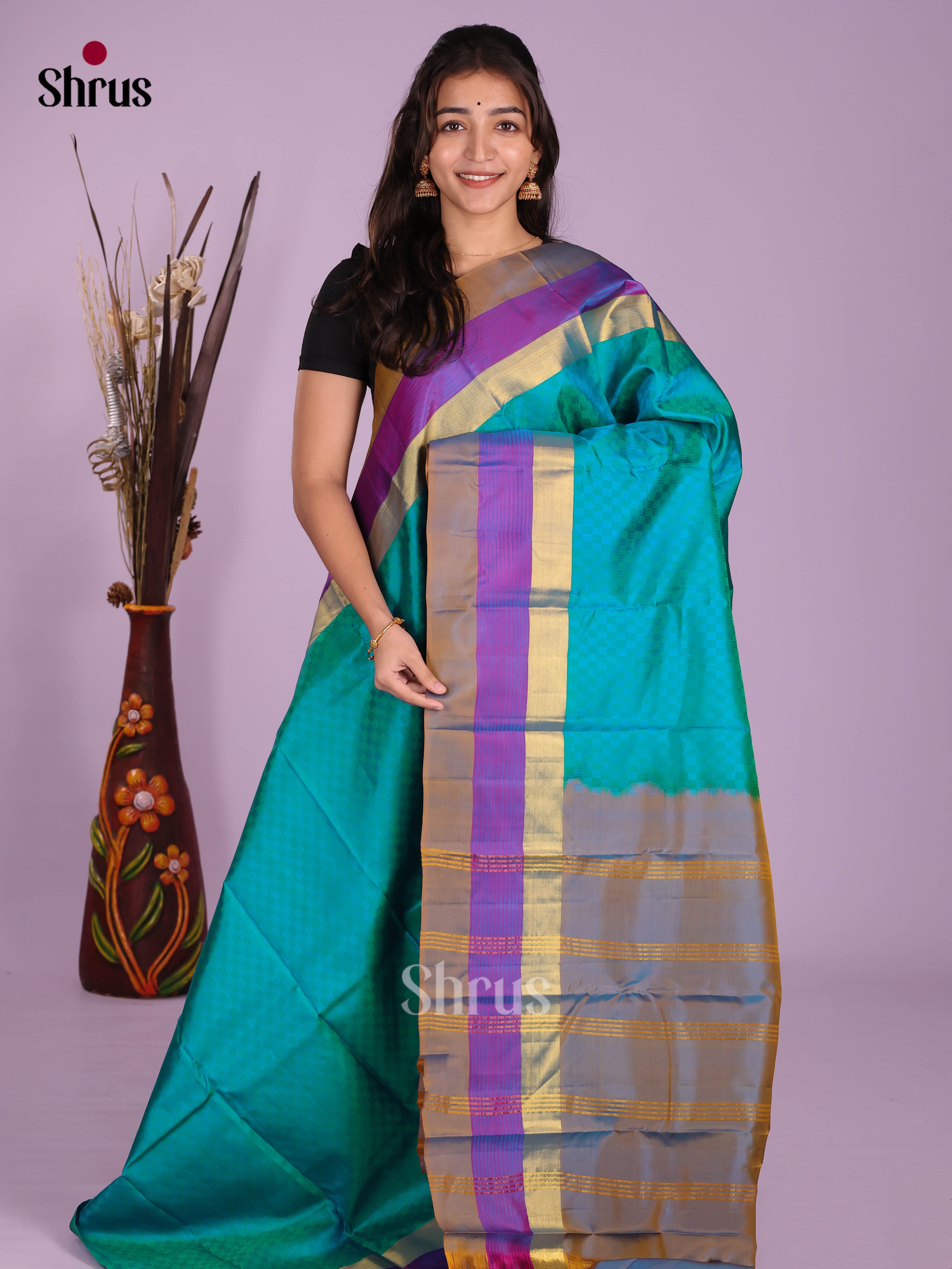 Vibrant Blue & Purple Kanchipuram silk Saree with self jacquard