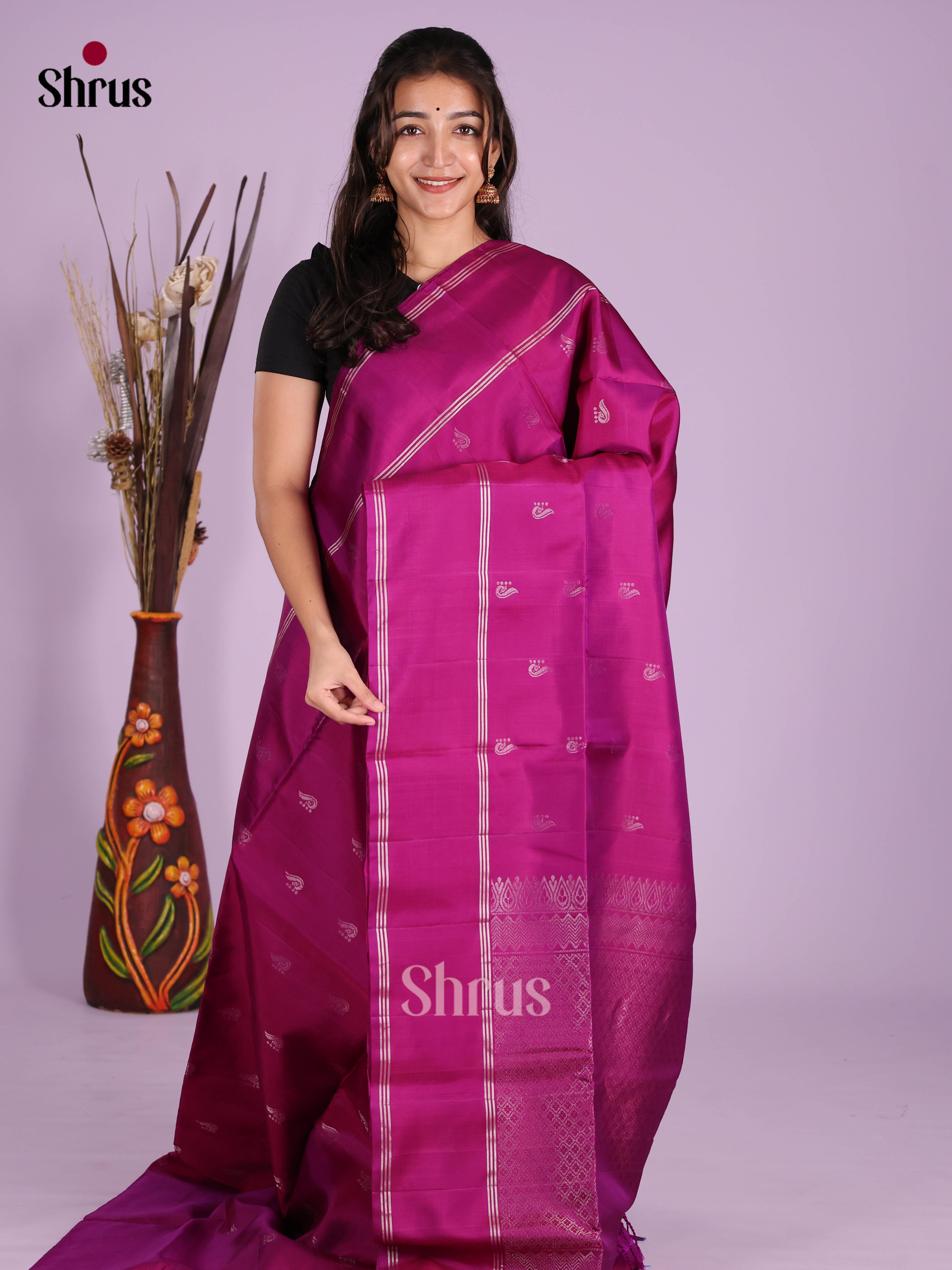 Stunning Purple Soft Silk Saree with zari buttas & brocade pallu