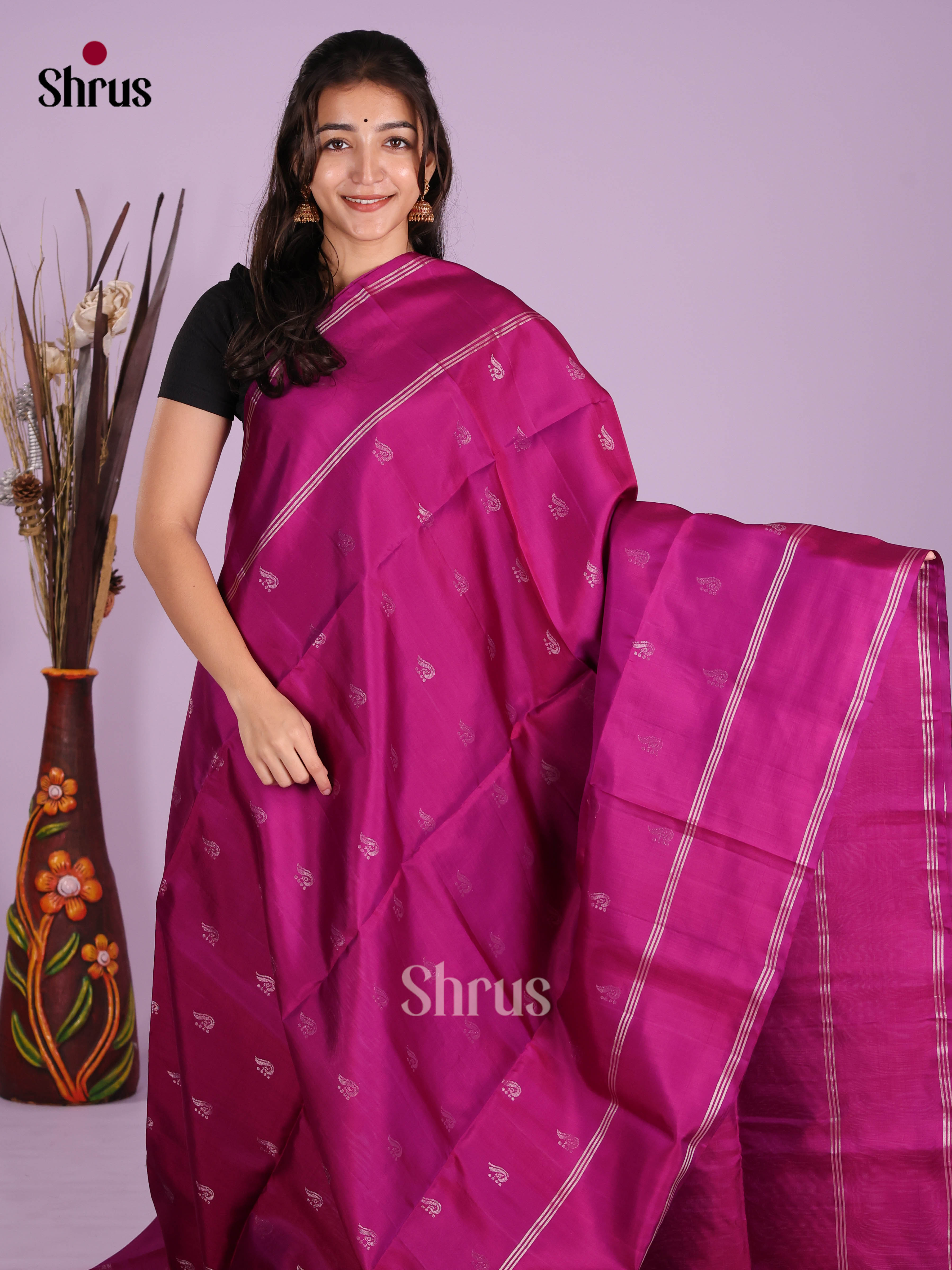 Stunning Purple Soft Silk Saree with zari buttas & brocade pallu