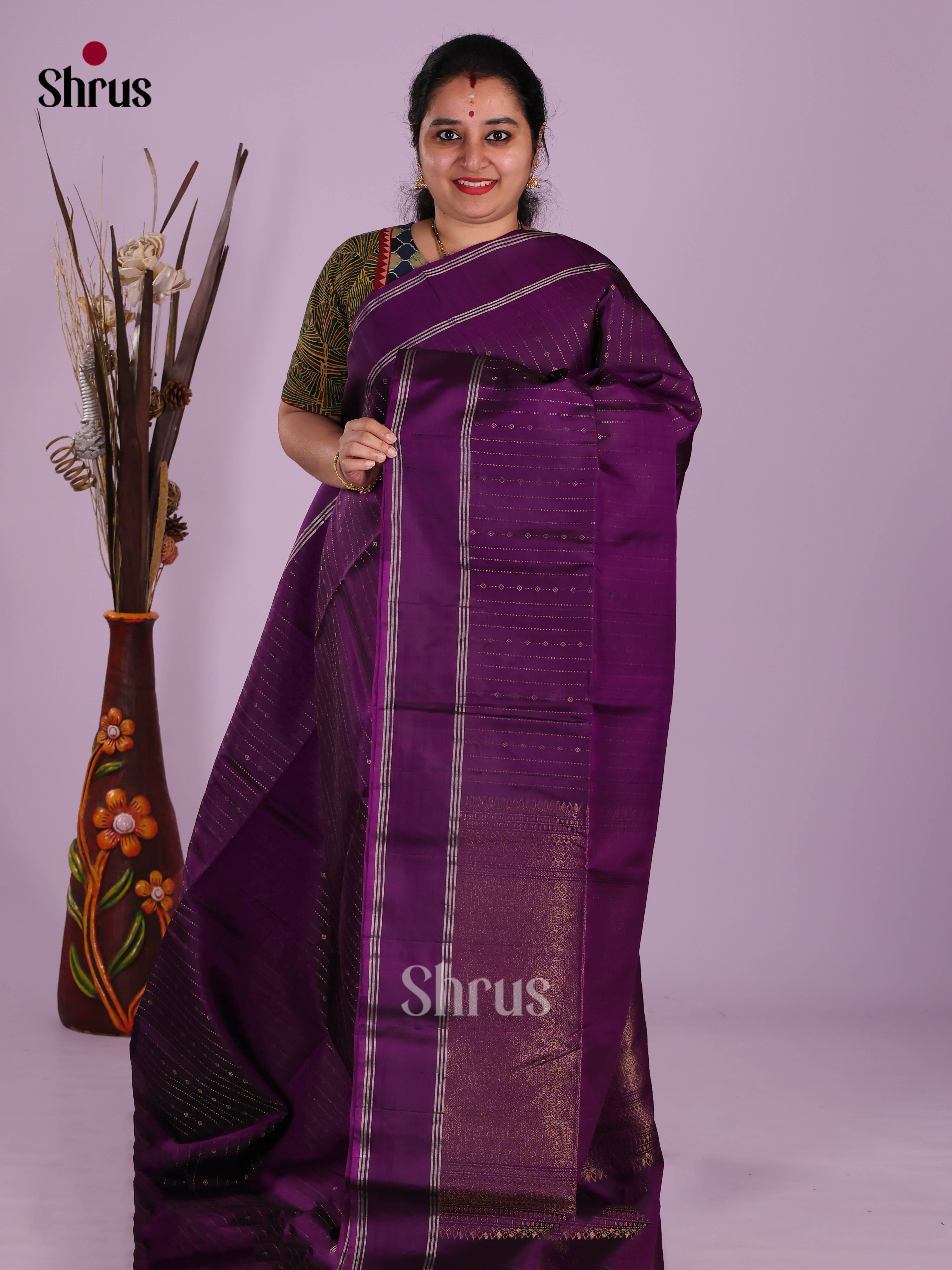 Elegant Violet Soft Silk Saree with zari stripes & Rettaipet Border