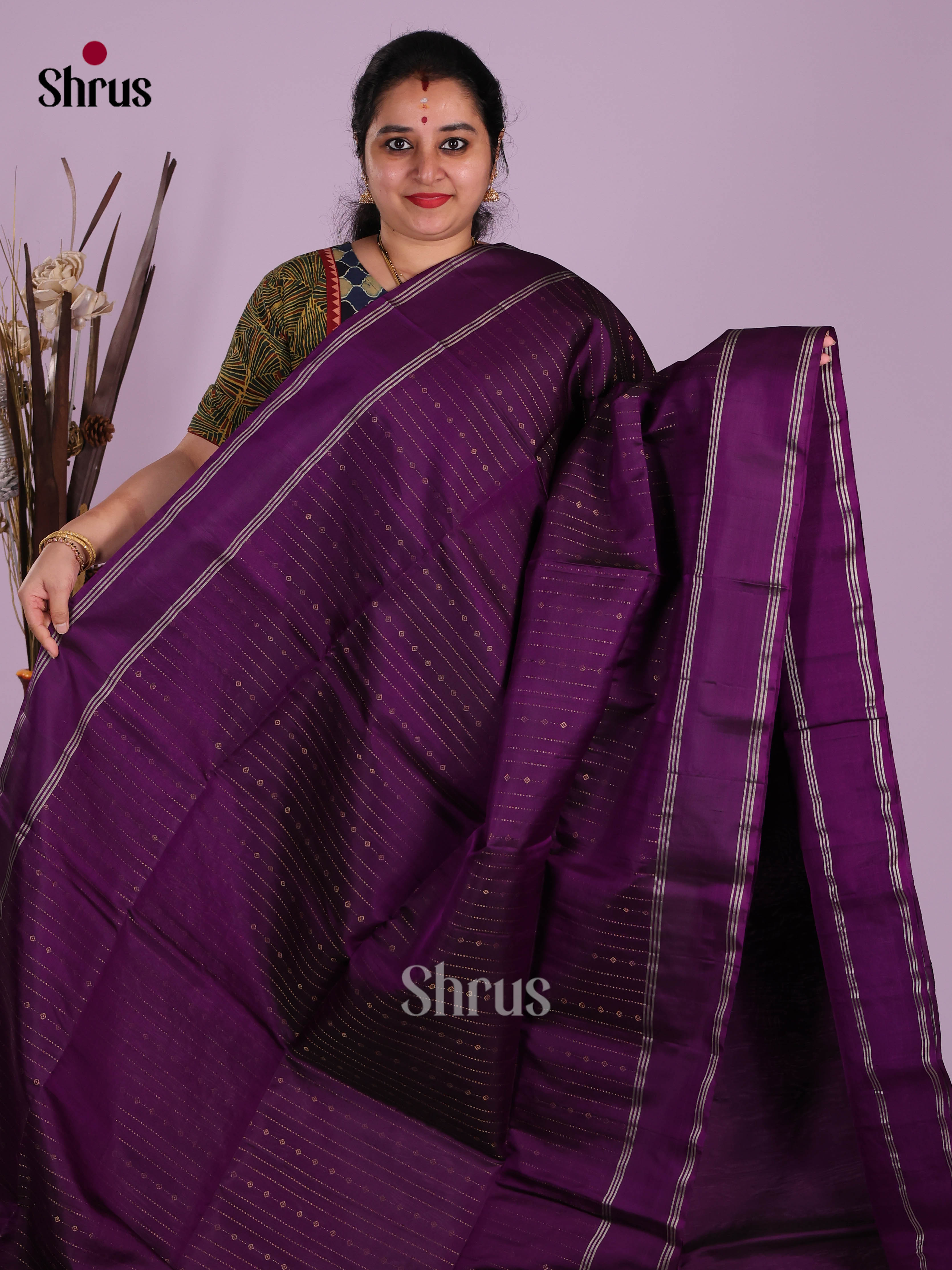 Elegant Violet Soft Silk Saree with zari stripes & Rettaipet Border