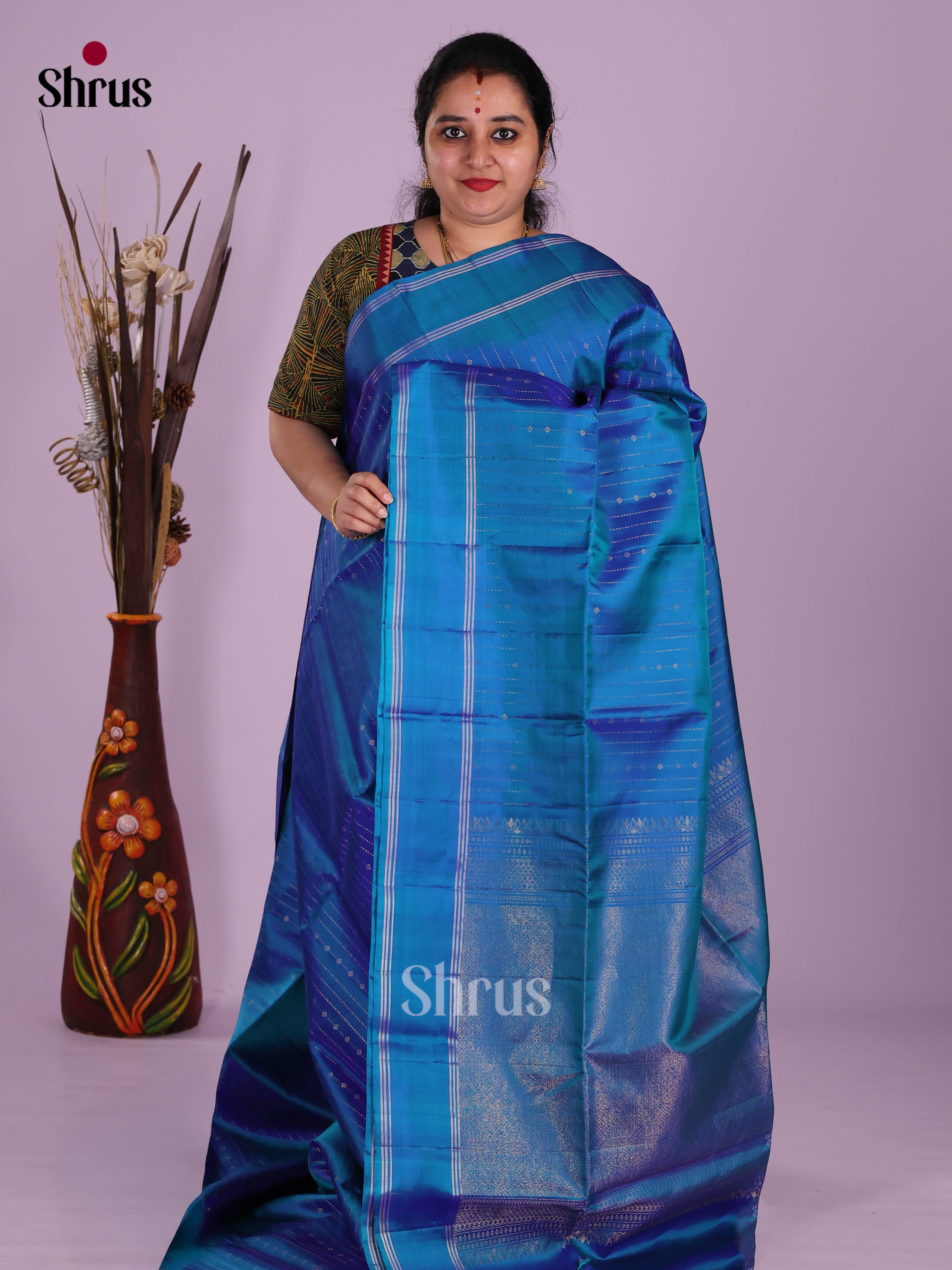 Vibrant Blue Soft Silk Saree with zari stripes & brocade pallu