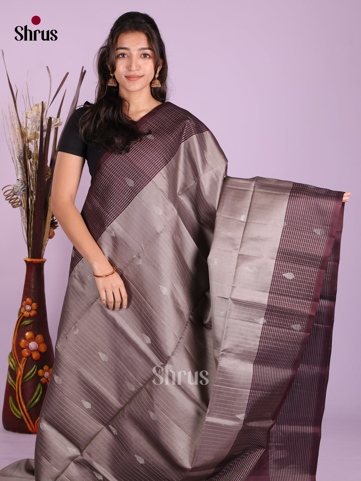Grey & Maroon- Softsilk-halfpure Saree - Shop on Shrus.com
