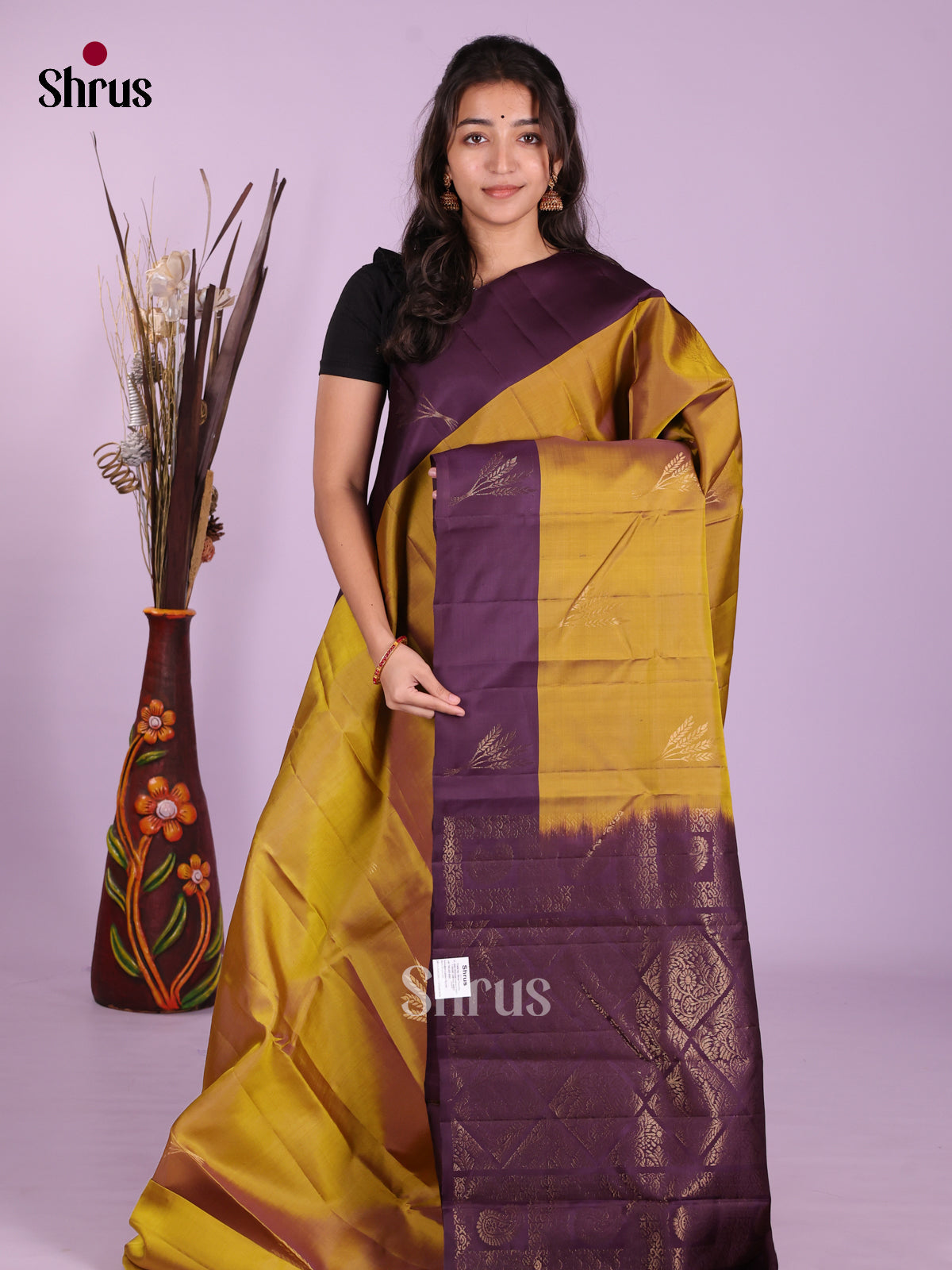 Mustardy Green & Violet - Softsilk-halfpure Saree - Shop on Shrus.com