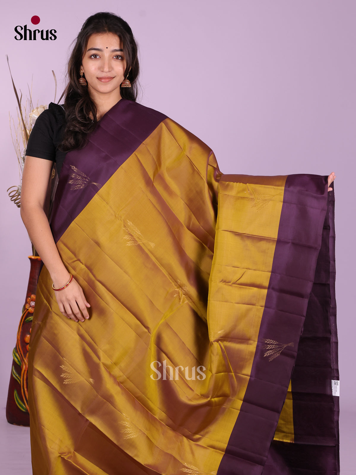 Mustardy Green & Violet - Softsilk-halfpure Saree - Shop on Shrus.com