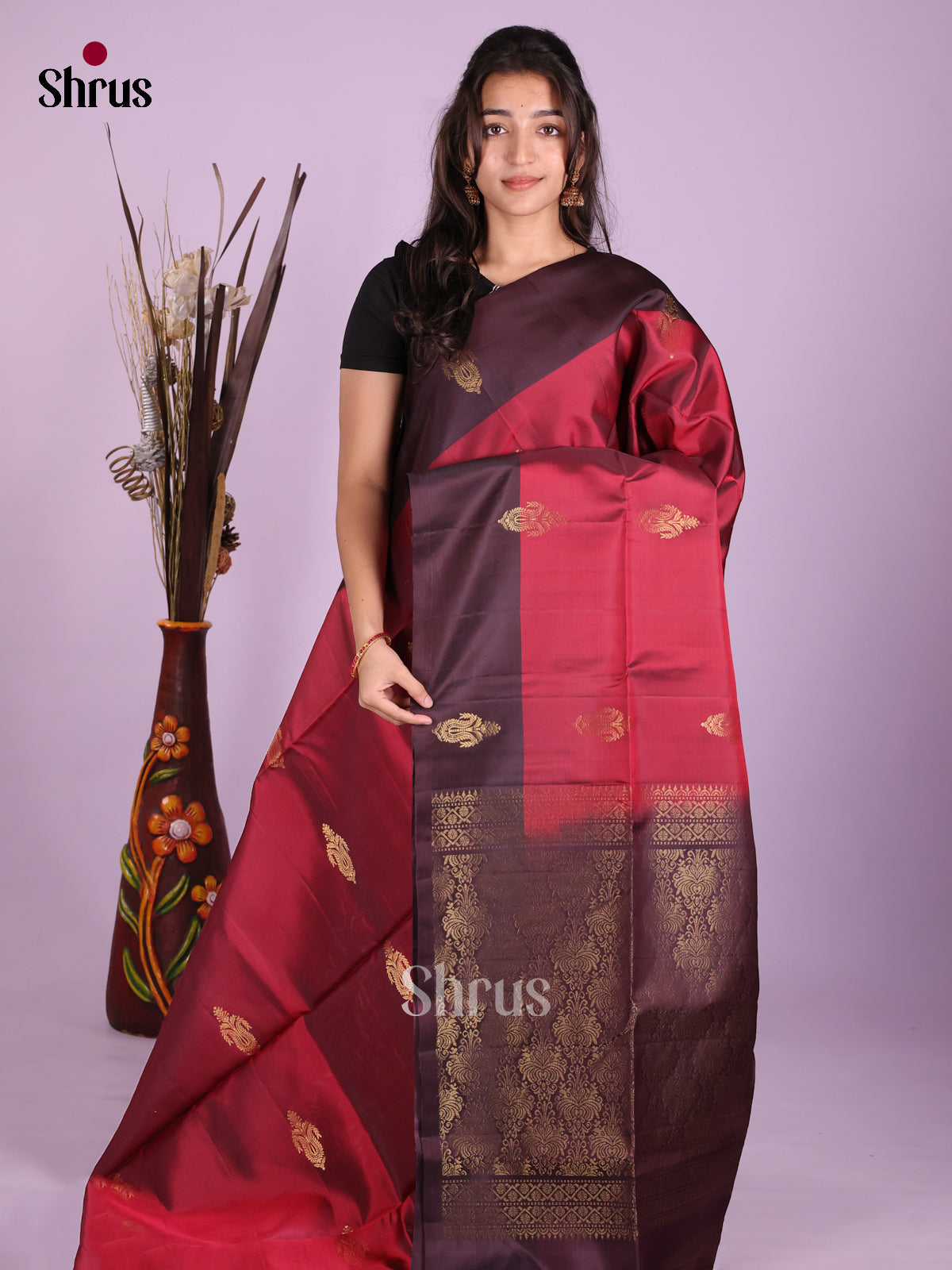 Maroon & Jamun- Softsilk-halfpure Saree