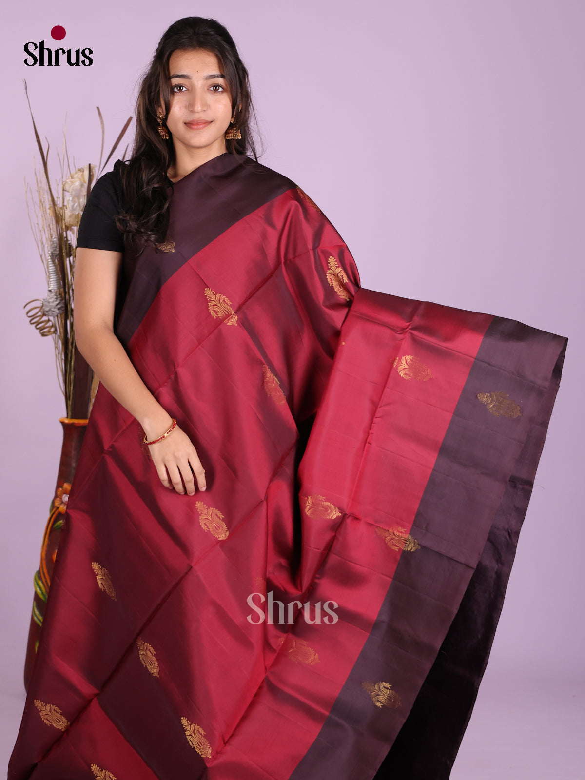 Maroon & Jamun- Softsilk-halfpure Saree
