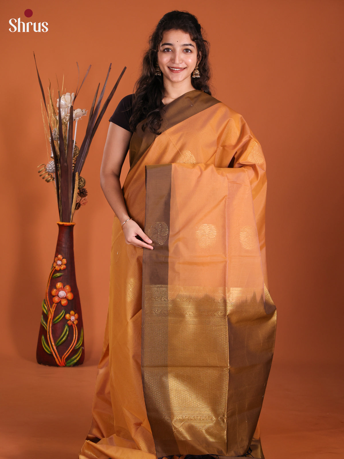 Peach & Brown - Semi Silkcotton Saree-DKS11312