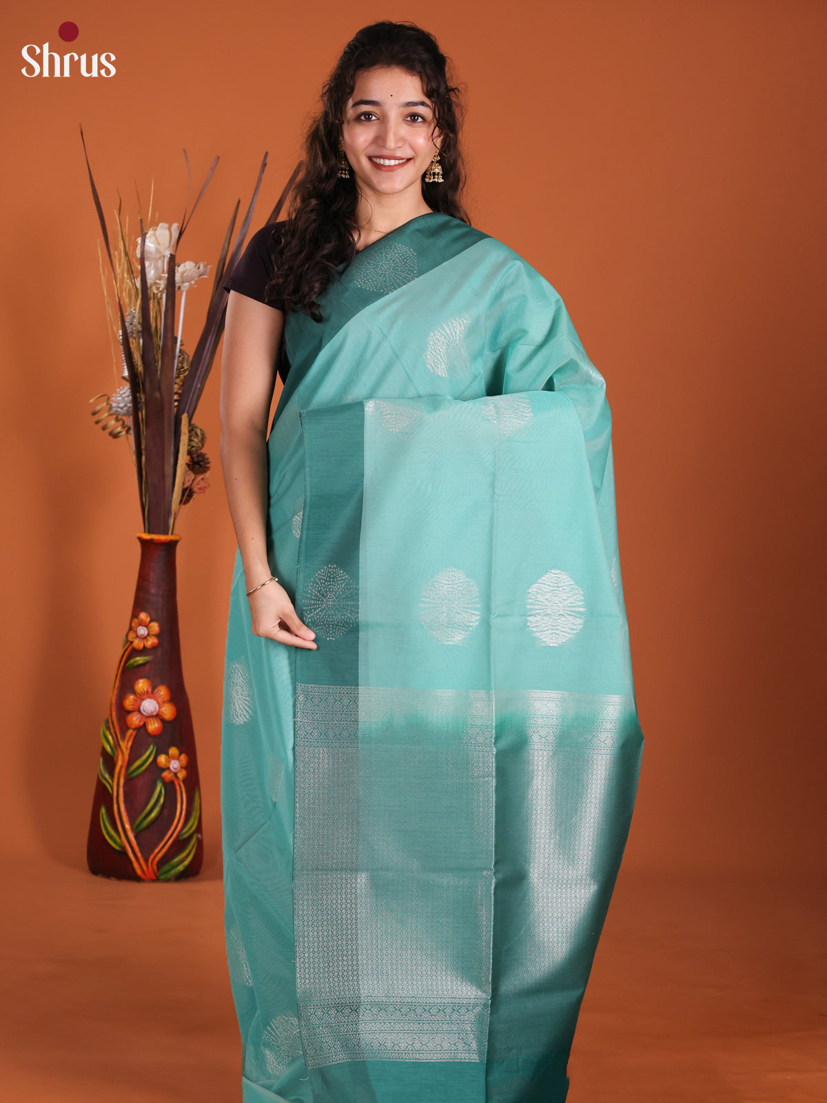 Pastel Blue & Green - Semi Silkcotton Saree-DKS11314