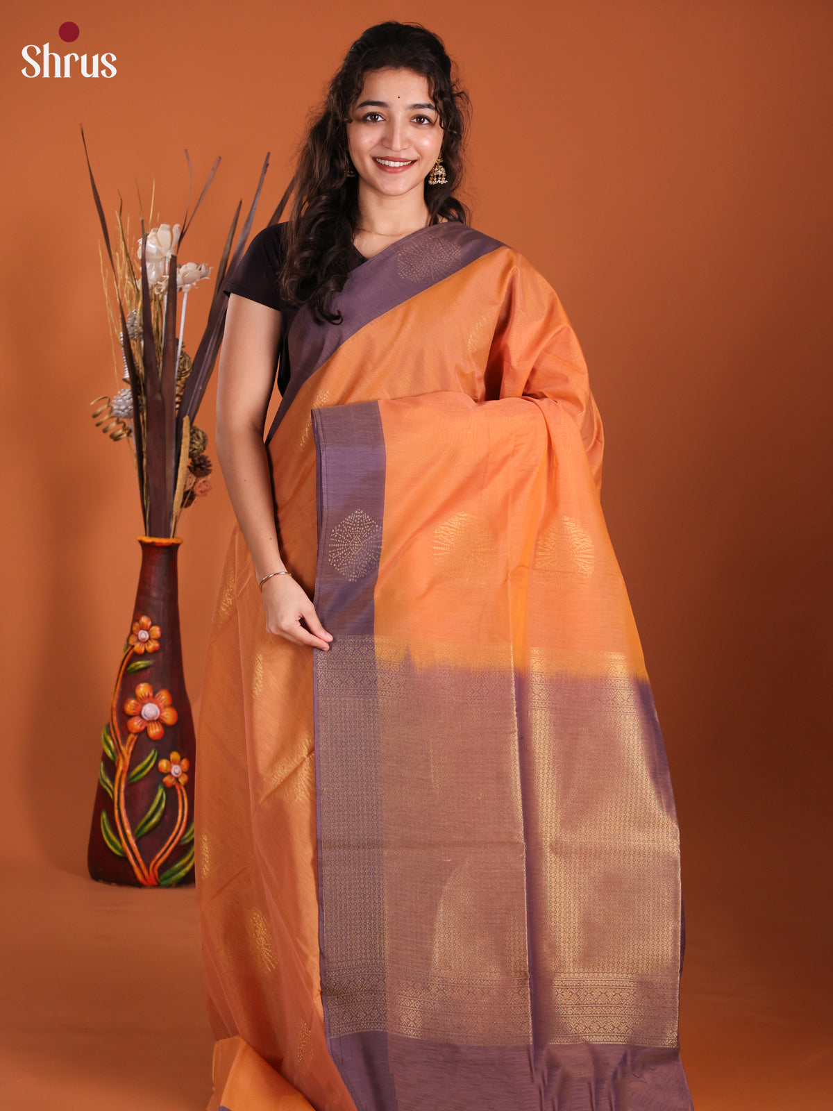 Orange & Purple - Semi Silkcotton Saree - DKS11316 - Shop on Shrus.com