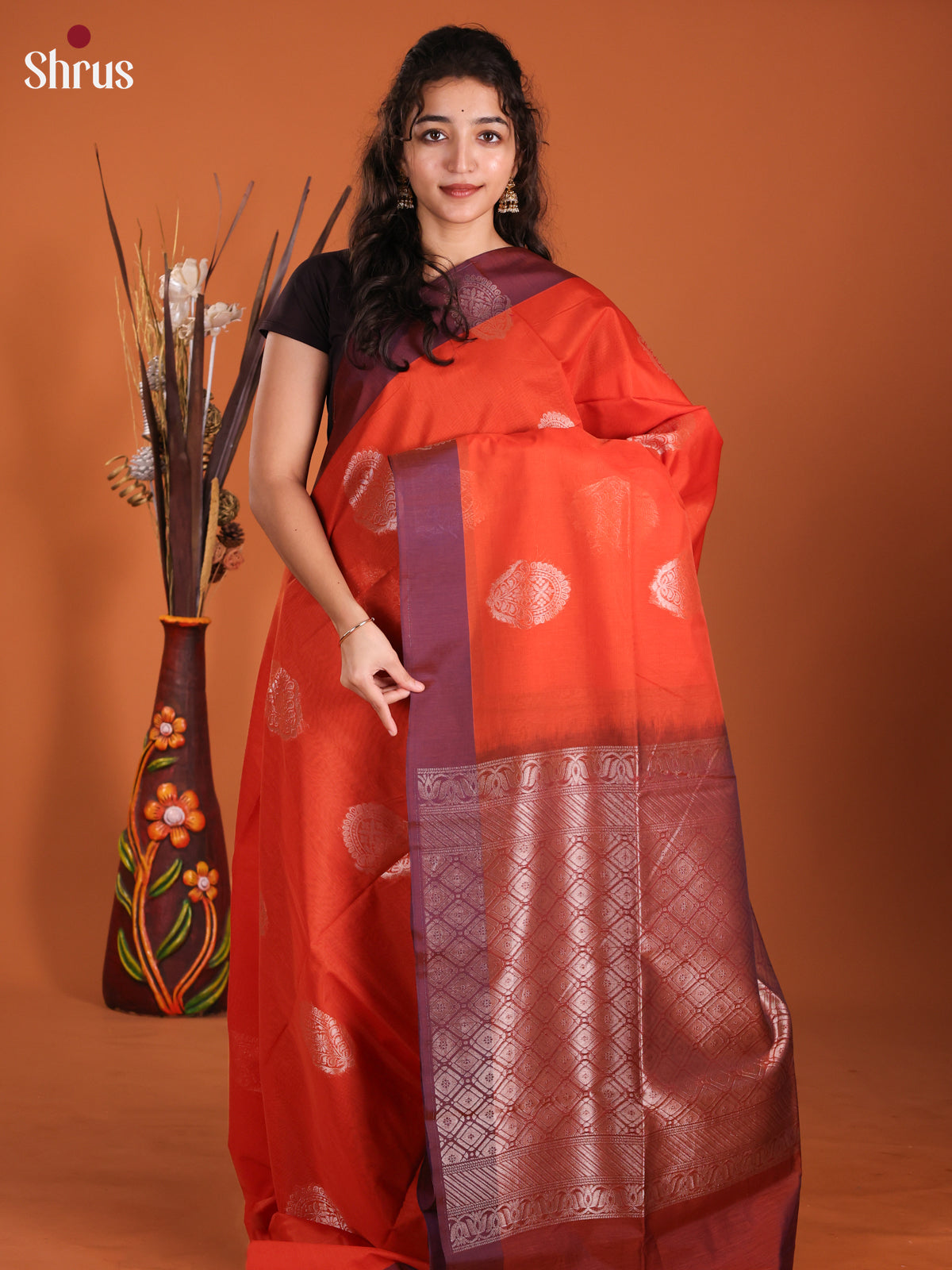 Orange & Brown- Semi Silkcotton Saree -DKS11317