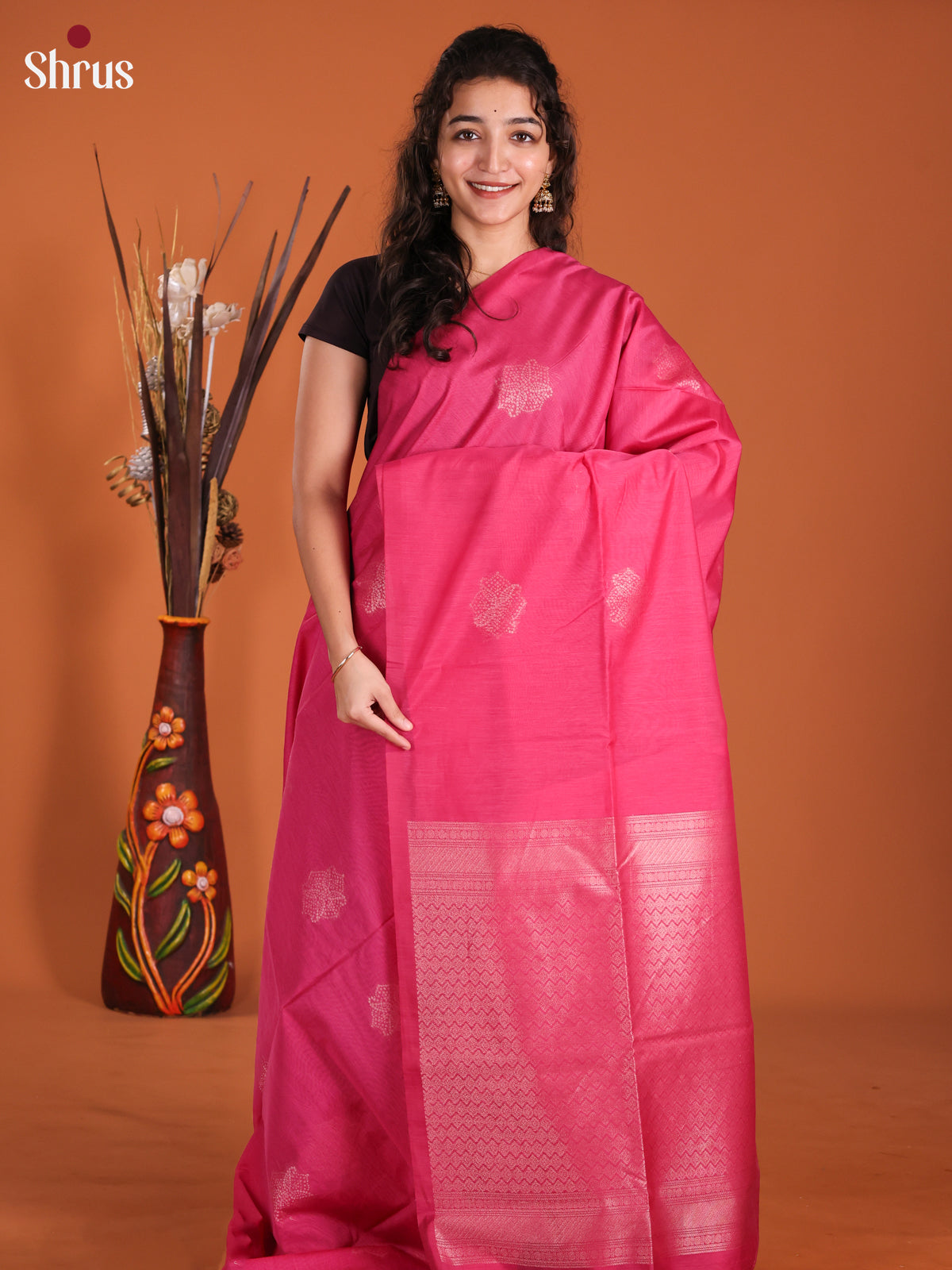 Pink - Semi Silkcotton Saree - Shop on Shrus.com