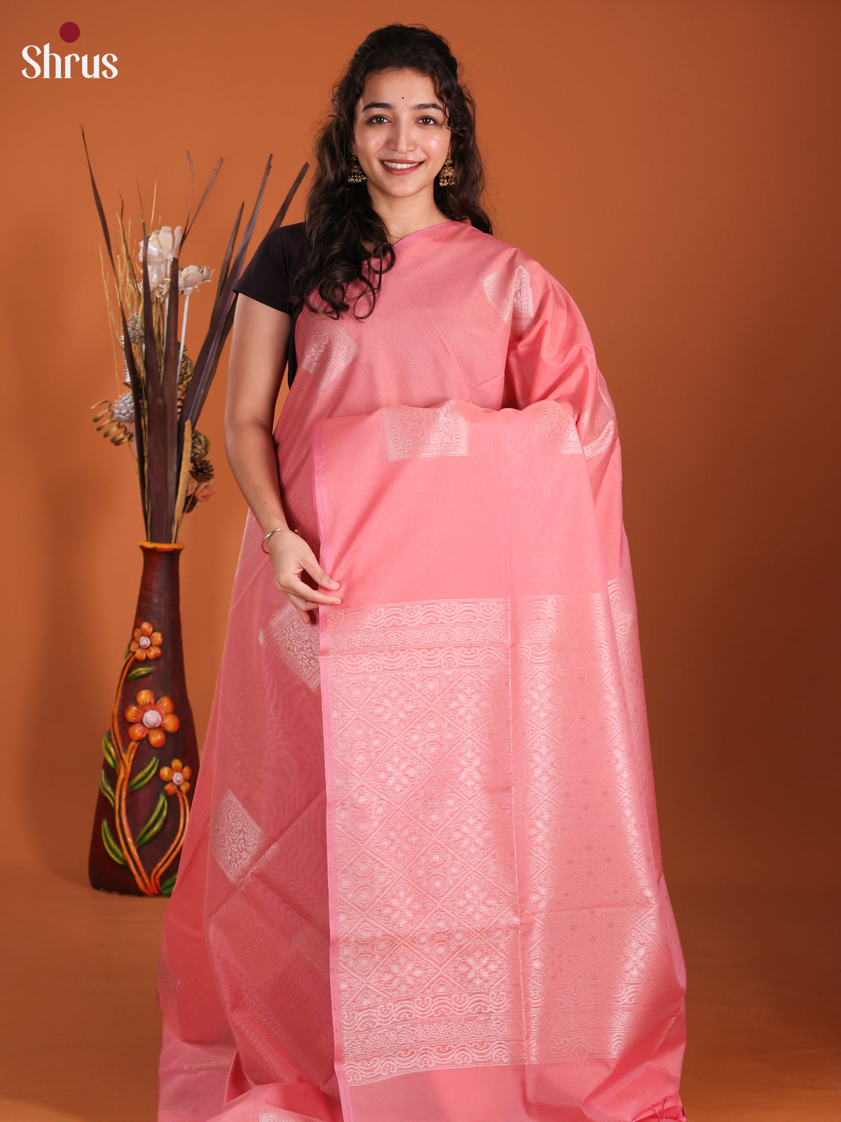 Pink - Semi Silkcotton Saree - DKS11406 - Shop on Shrus.com