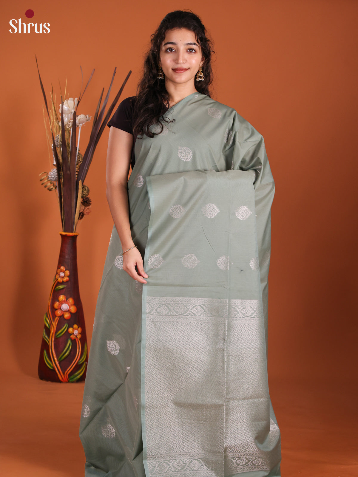 Grey- Semi Silkcotton Saree-DKS11418 - Shop on Shrus.com
