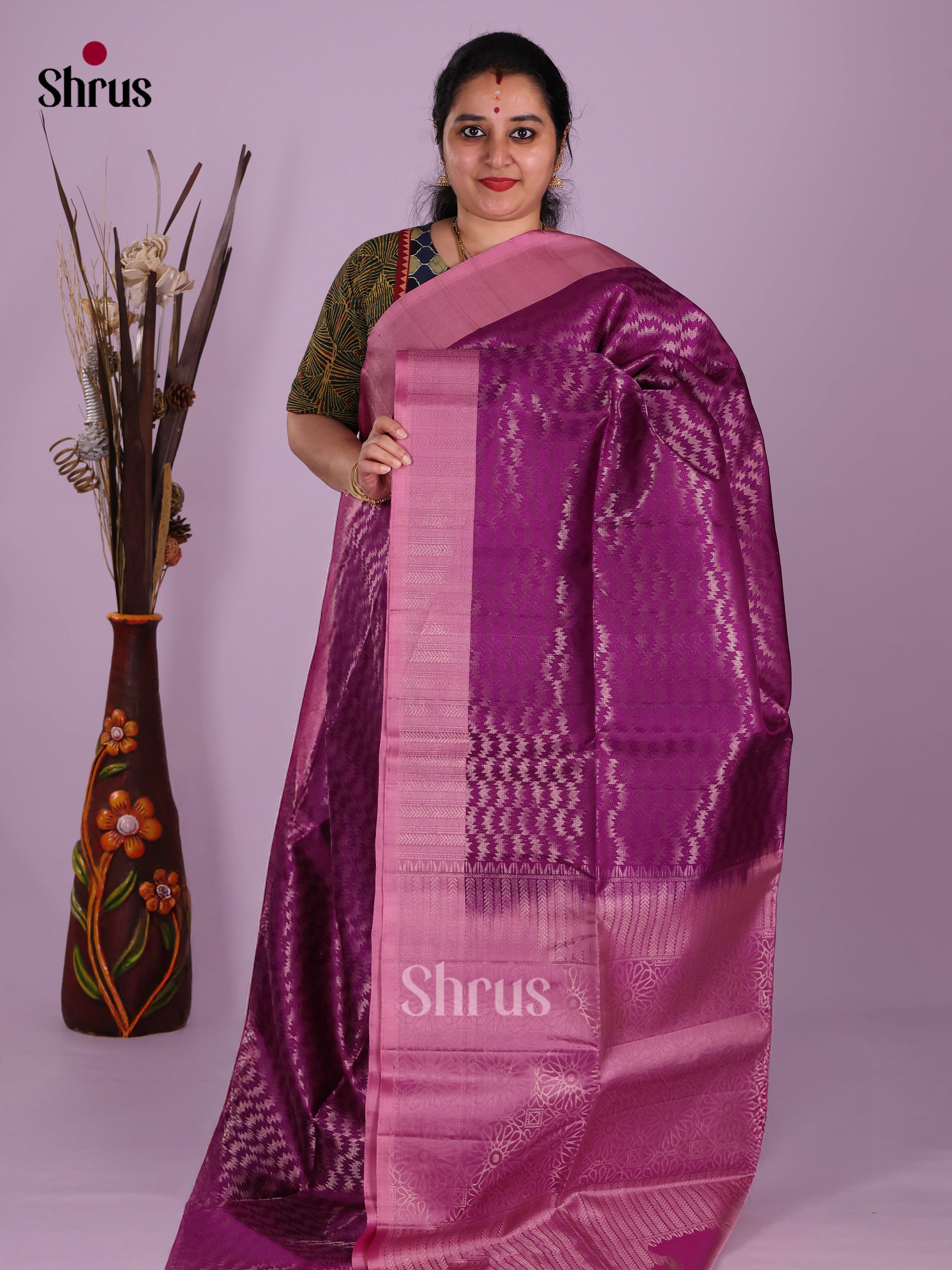 Purple & Pink Soft Silk Saree gleams with zari brocade - Shop on Shrus.com