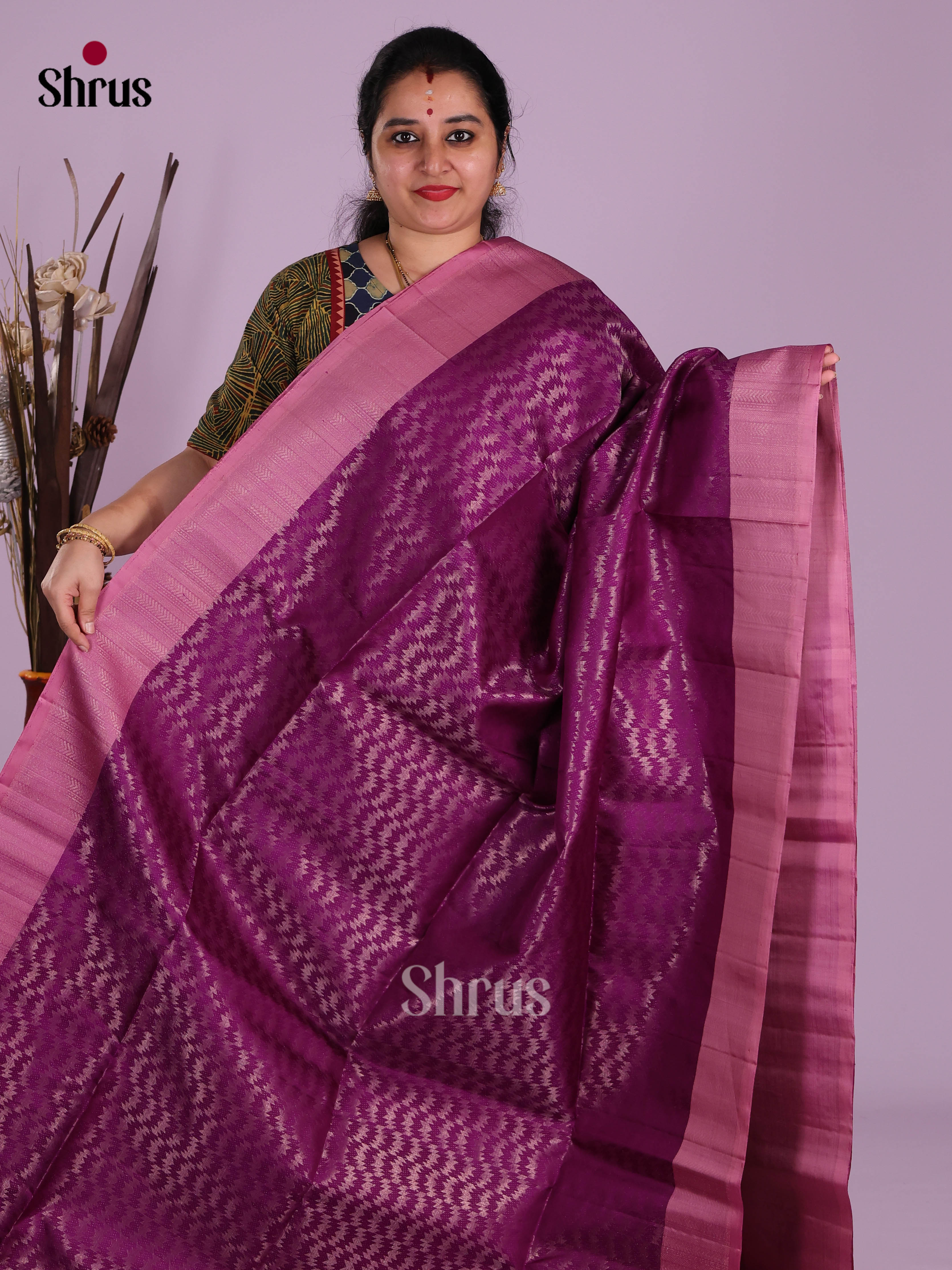 Purple & Pink Soft Silk Saree gleams with zari brocade - Shop on Shrus.com