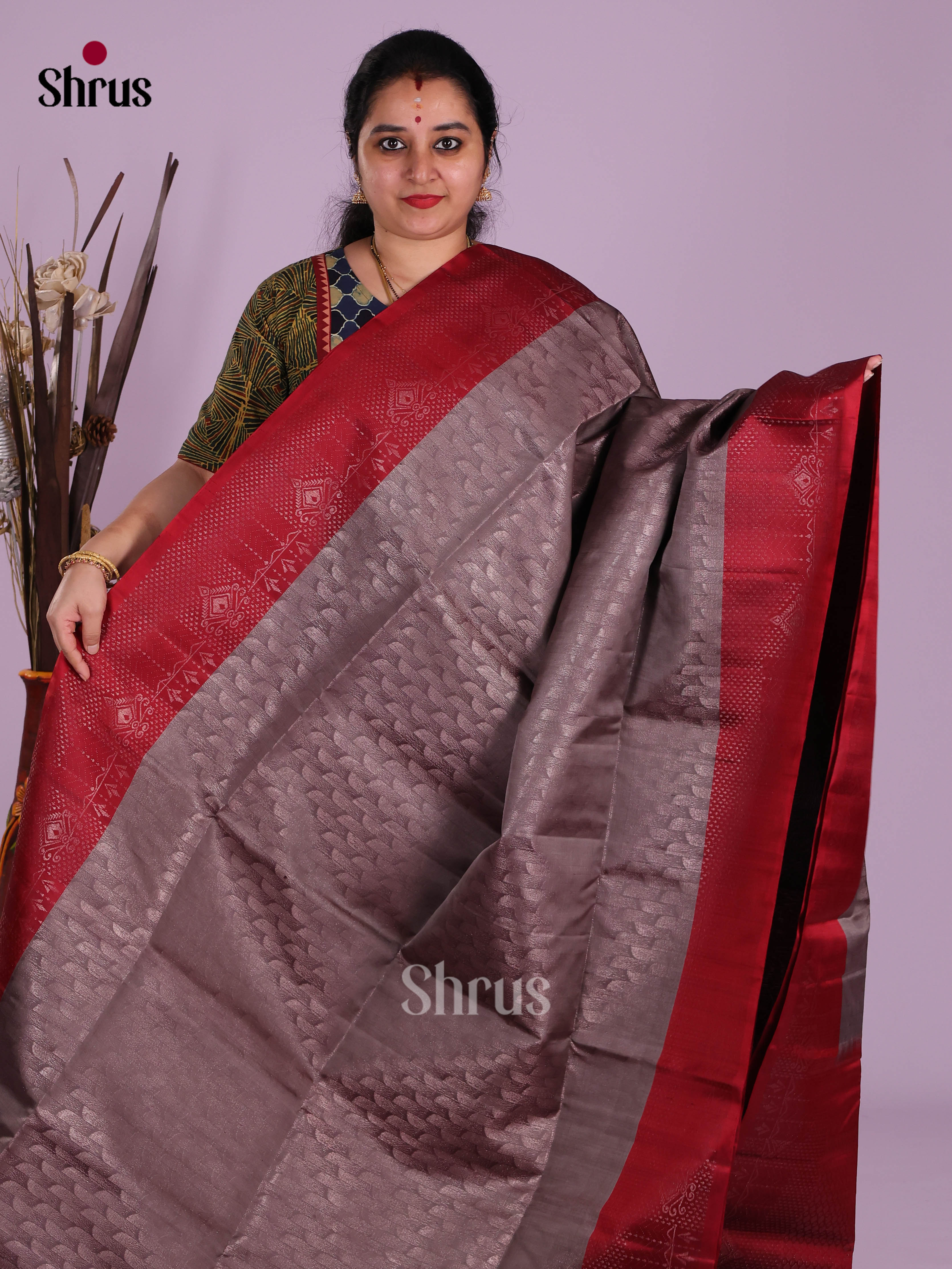 Classic Grey & Maroon Soft Silk Saree with zari brocade & contrast border