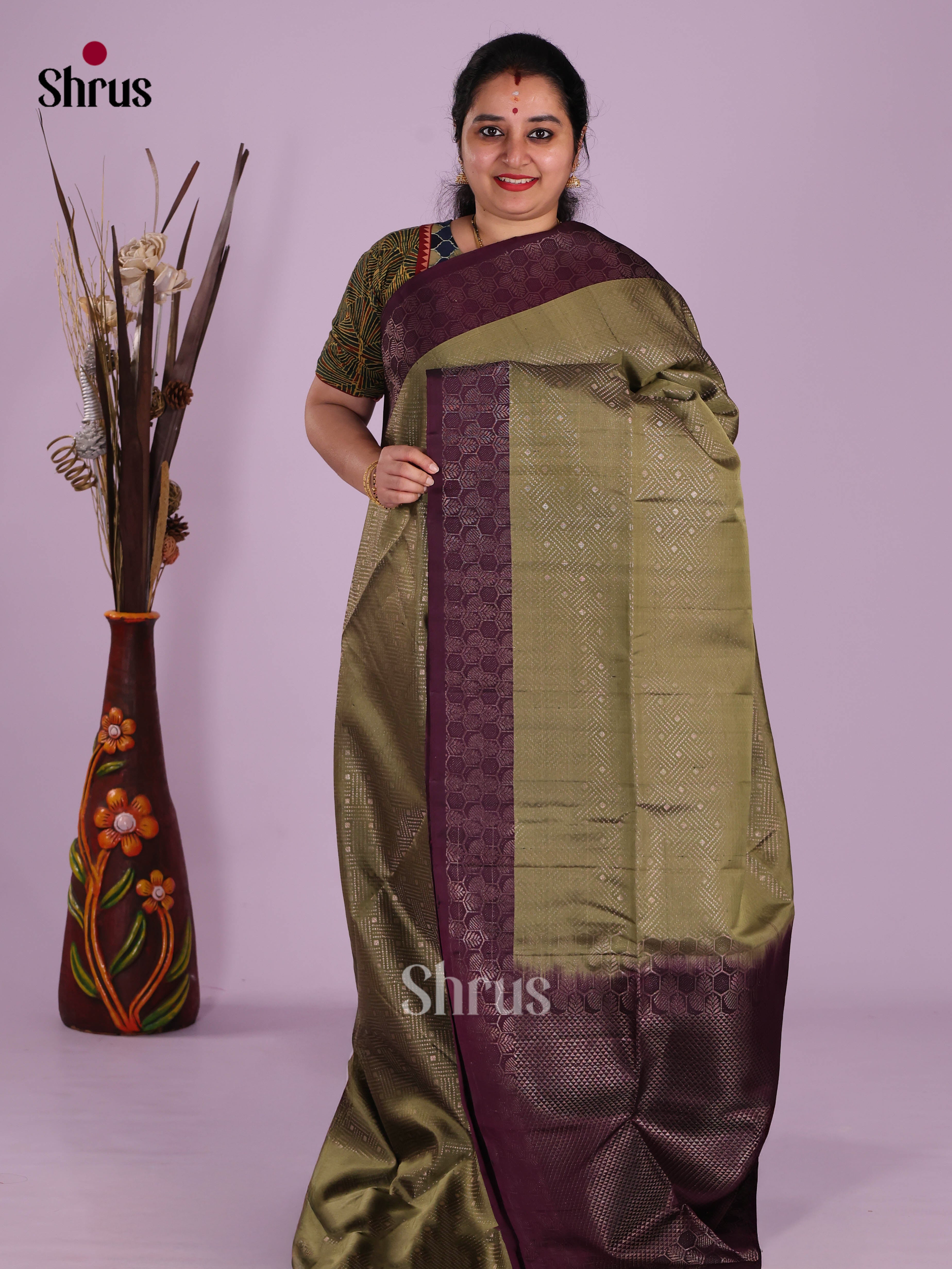 Chutney Green & Purple Soft Silk Saree with zari brocade Body & Contrast border