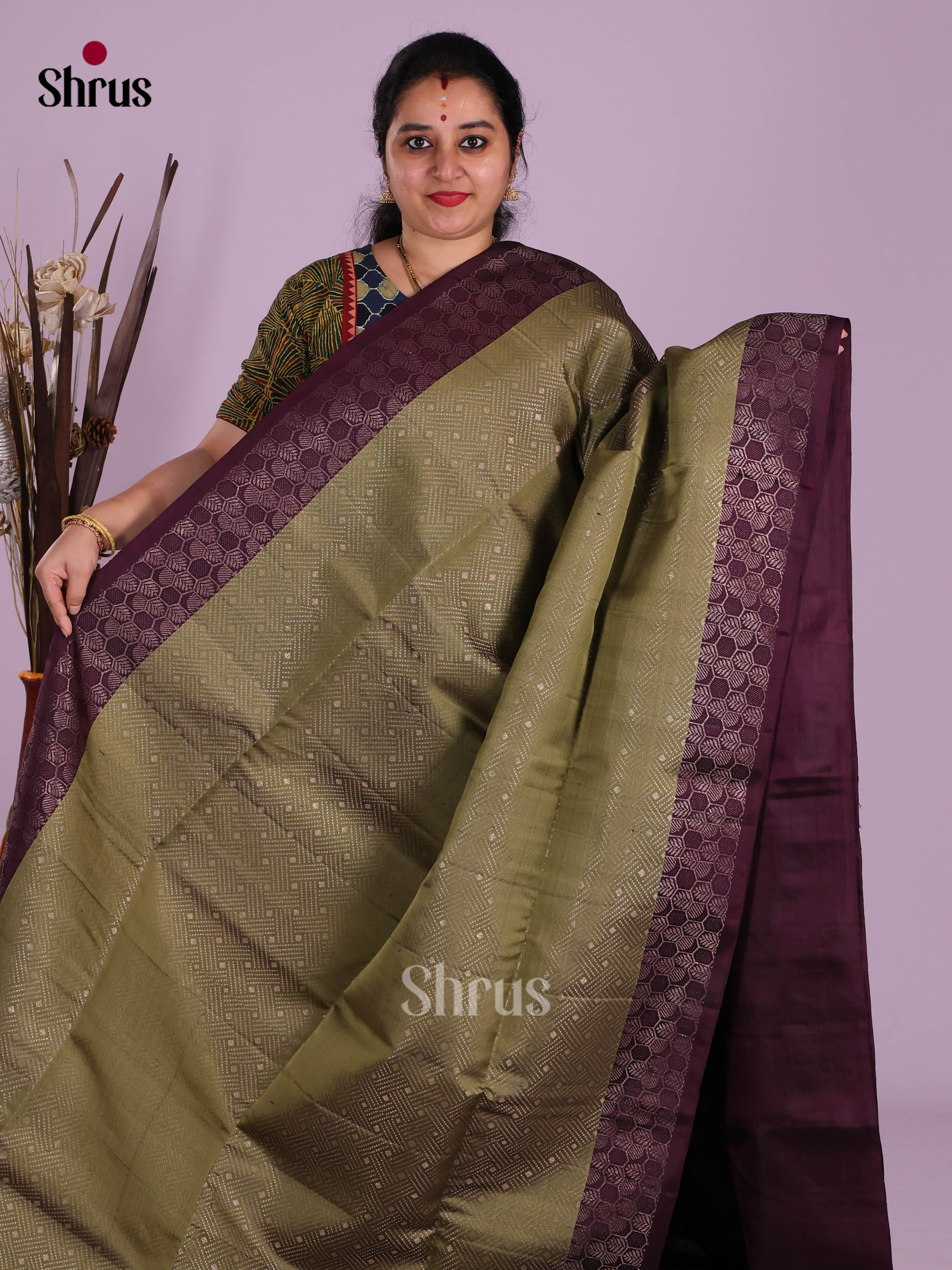 Chutney Green & Purple Soft Silk Saree with zari brocade Body & Contrast border