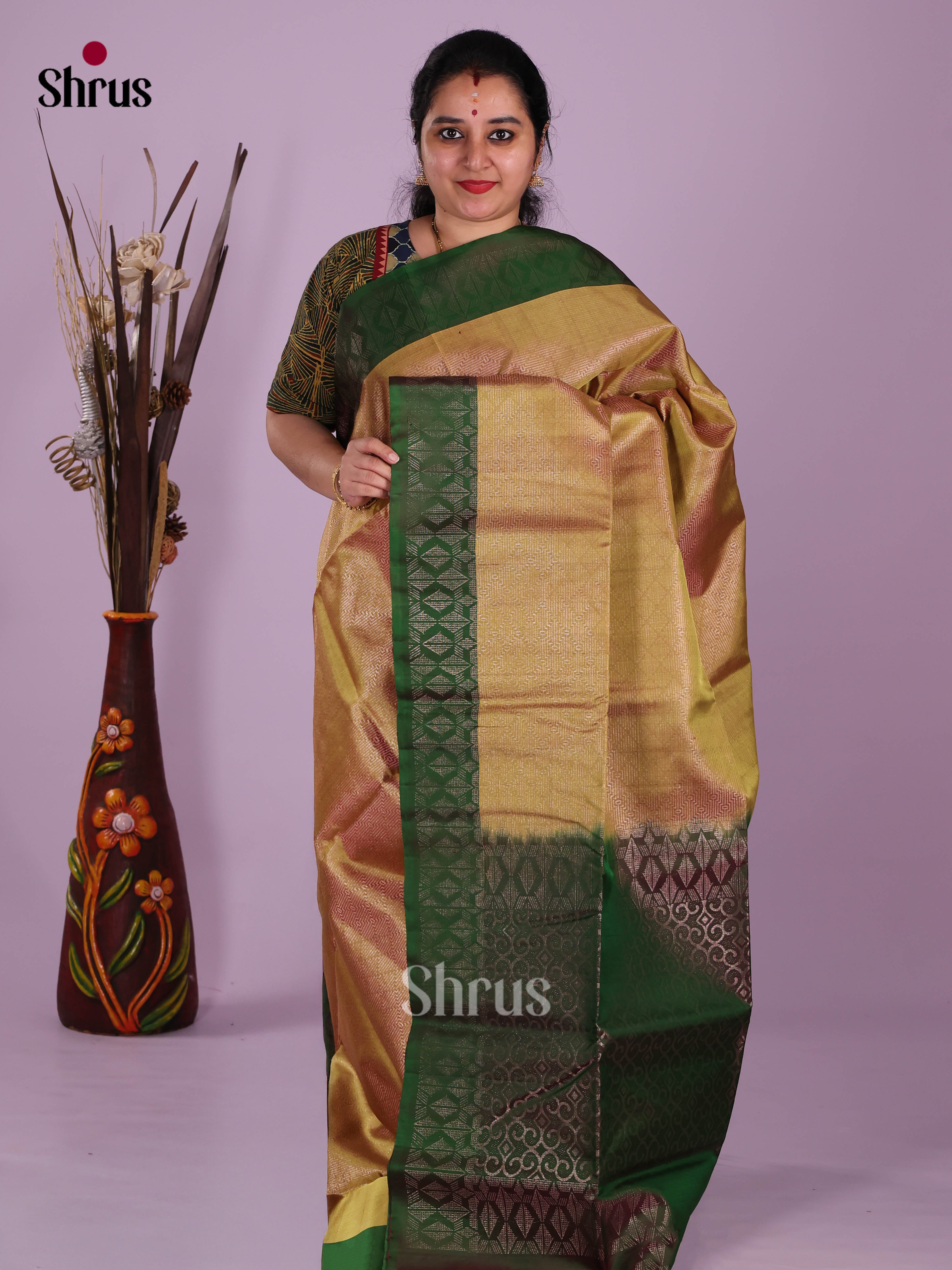 Shimmery Mustardy Green Soft Silk Saree with zari brocade & Green Border