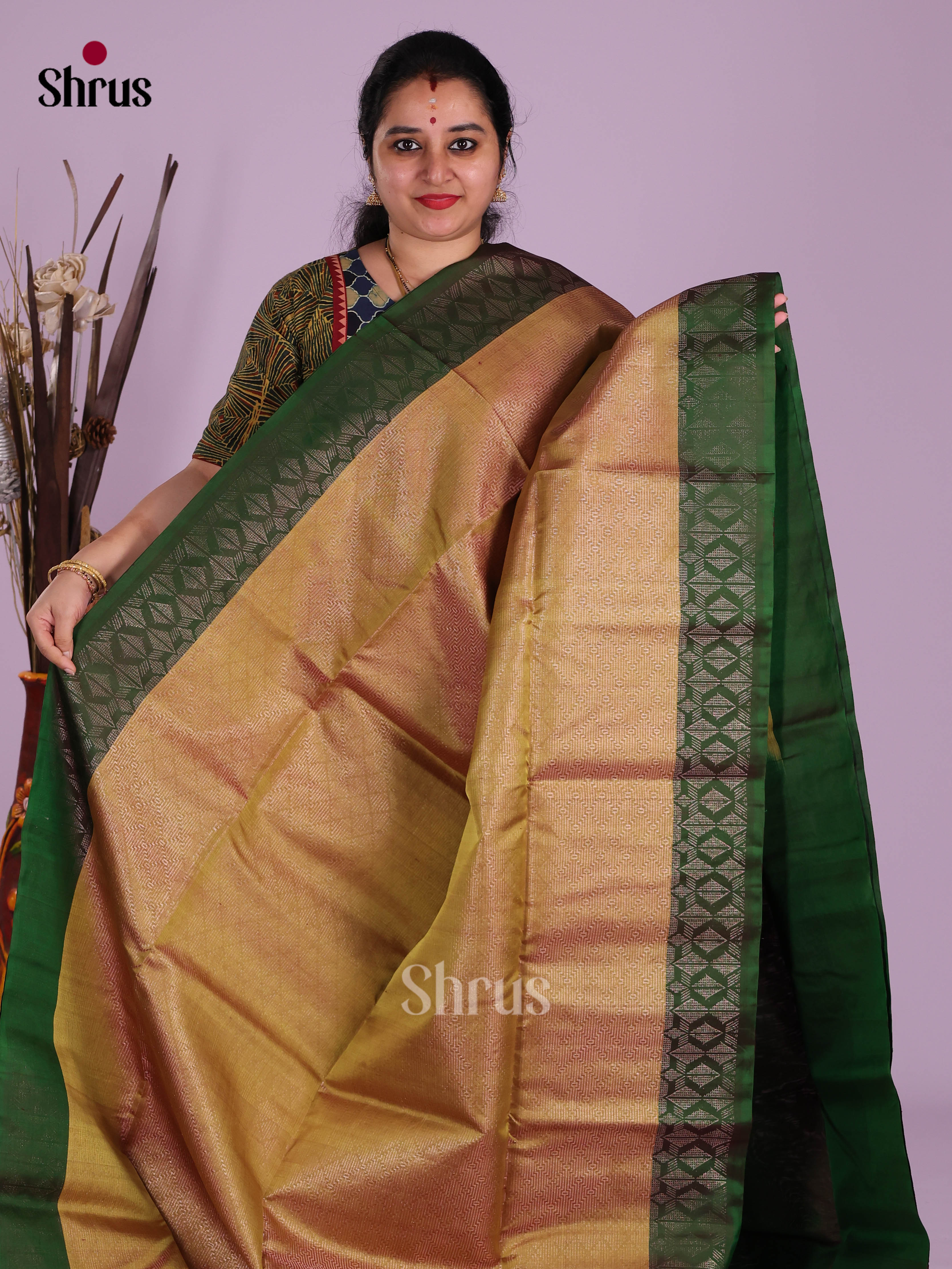 Shimmery Mustardy Green Soft Silk Saree with zari brocade & Green Border