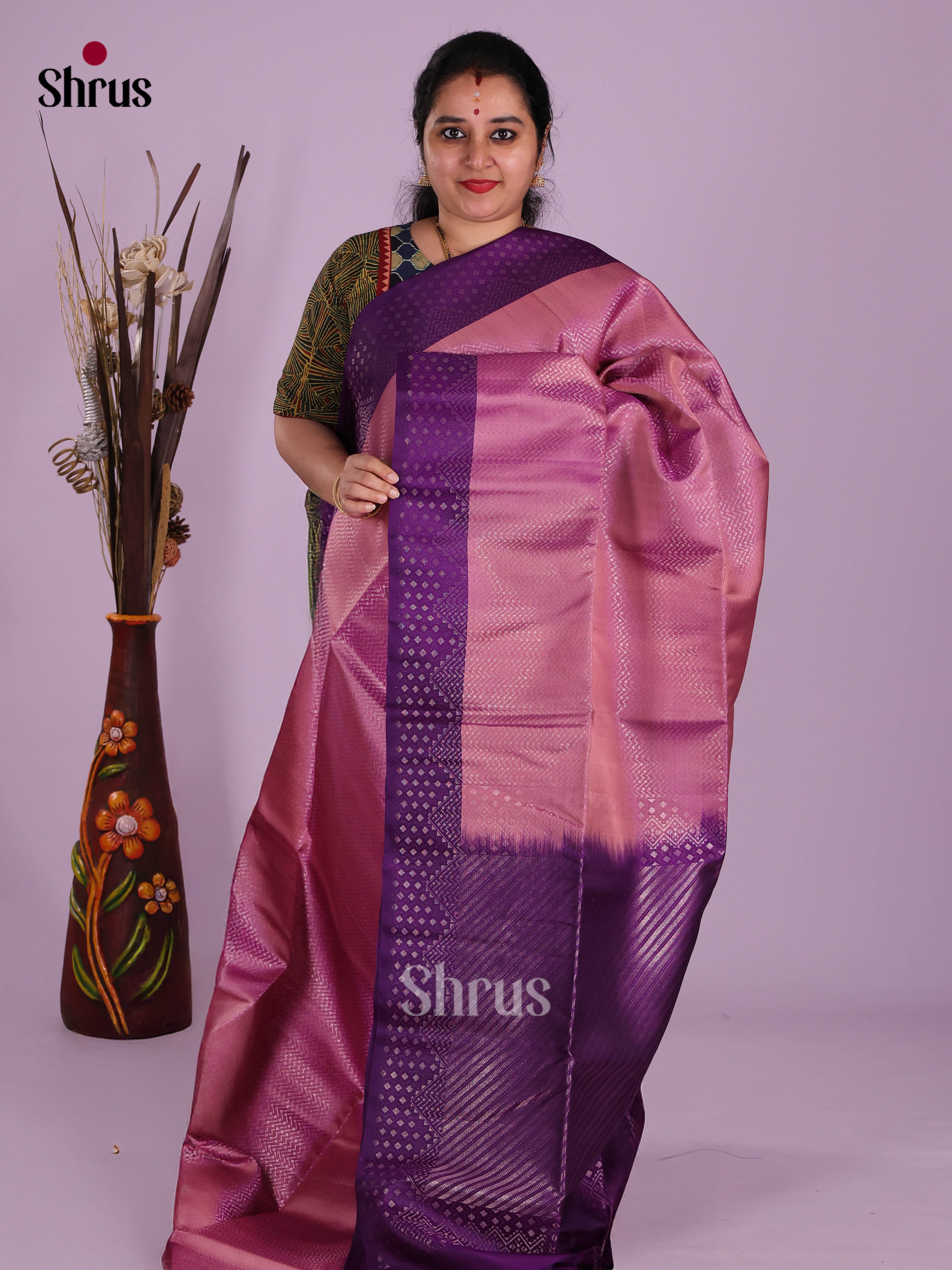 Charming Pastel Pink & Violet Soft Silk Saree With Zari Brocade & Rich Violet Pallu